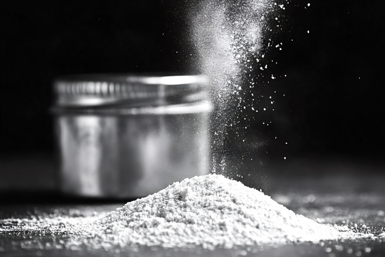 White powder falling creating a pile on dark background photo