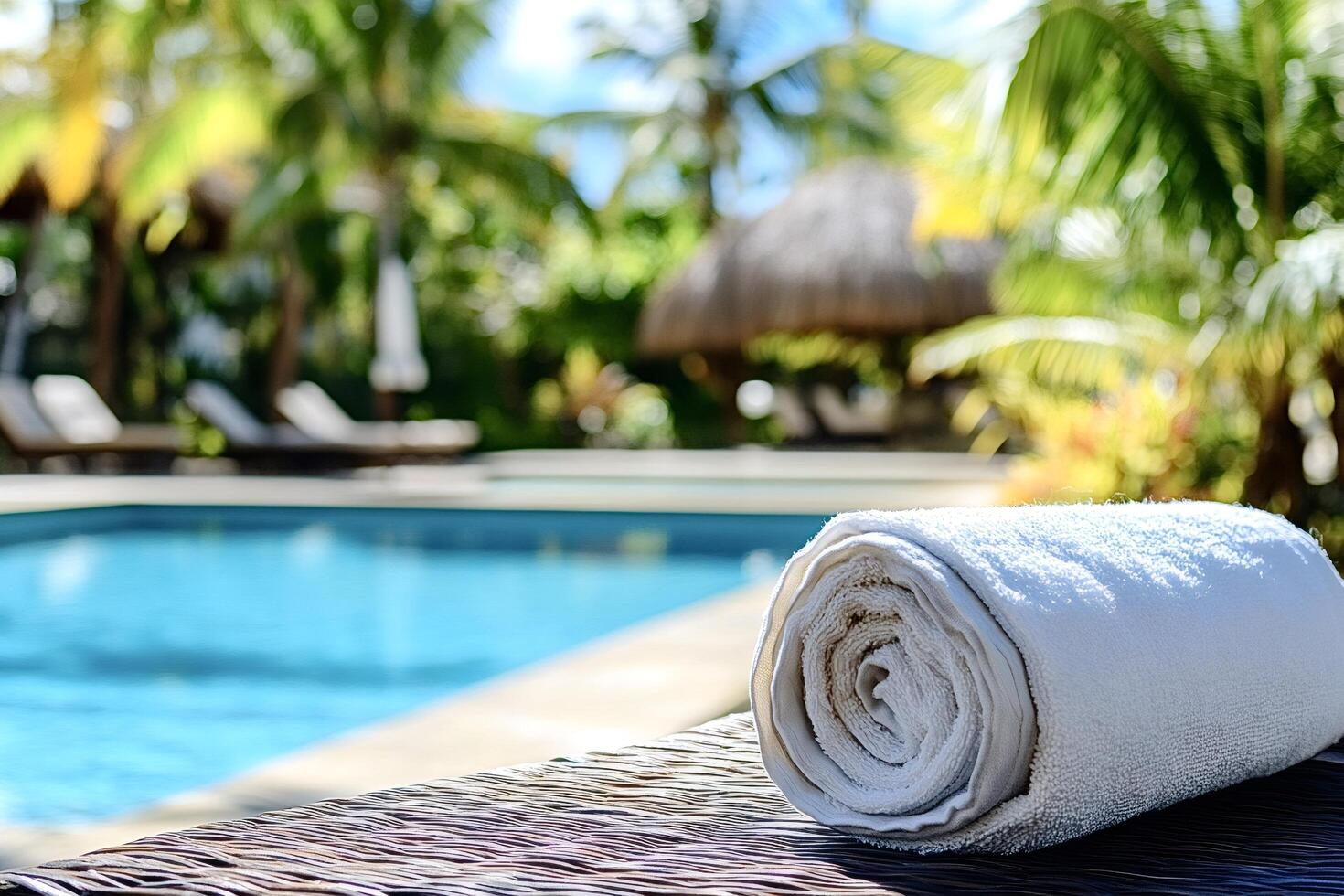 Rolled white towel inviting to relax by the pool in a tropical resort photo