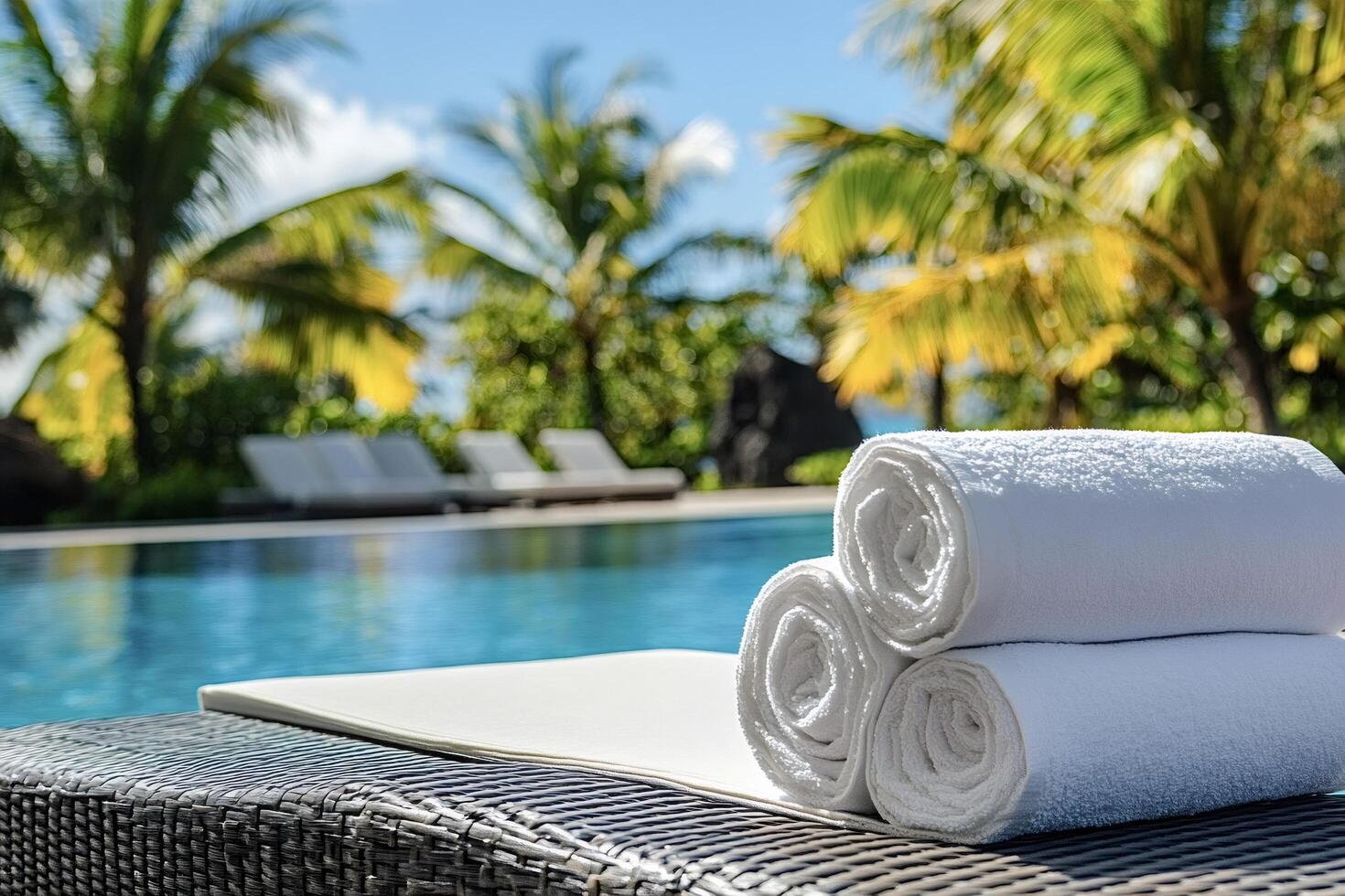 Rolled white towels inviting to relax by the luxurious tropical hotel pool photo