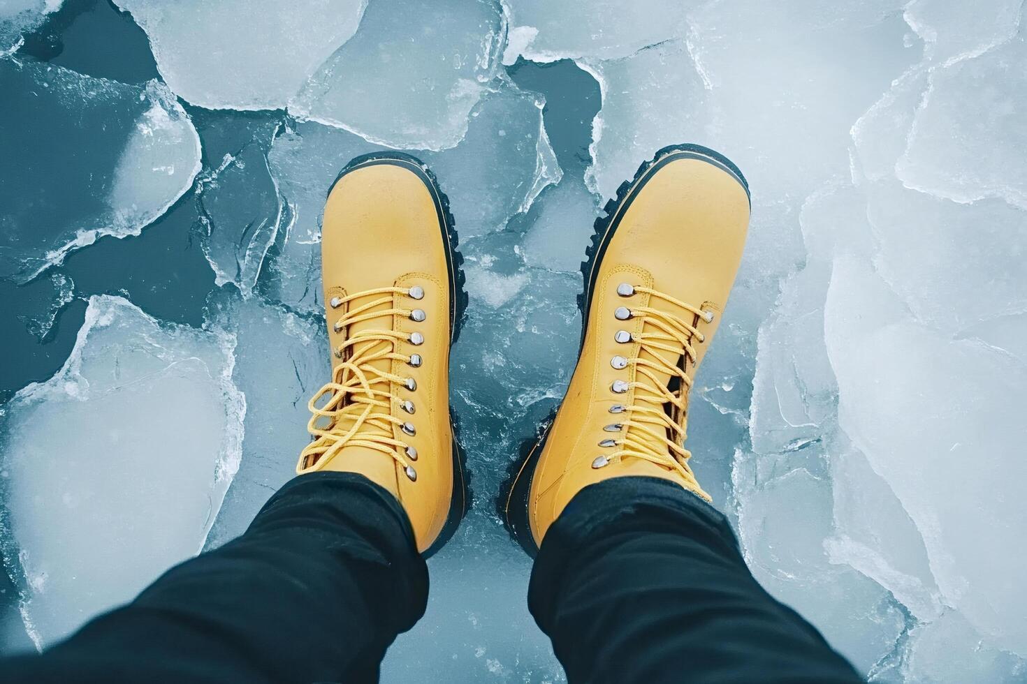 Yellow boots standing on frozen lake in winter first-person view of yellow boots photo