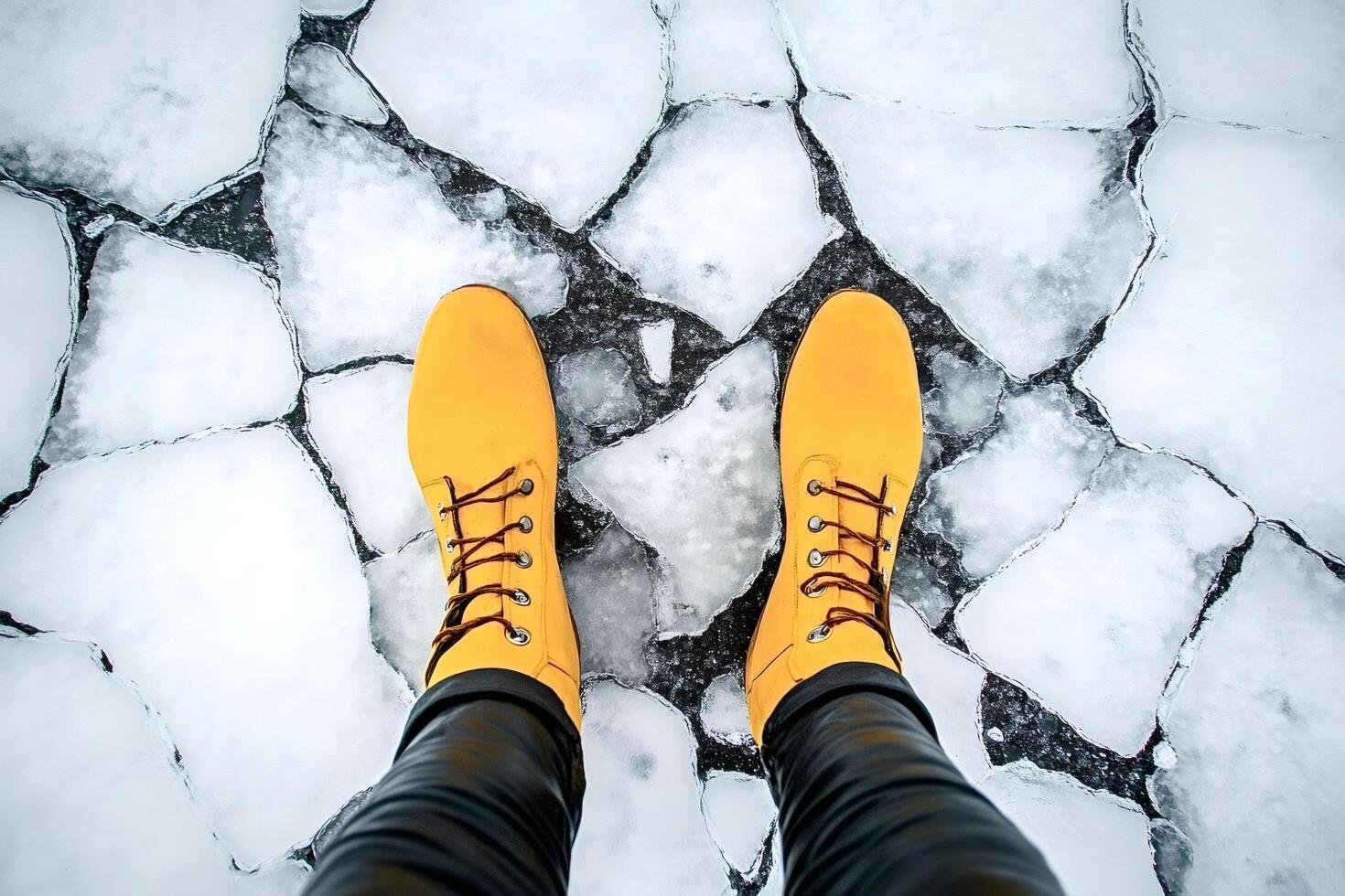 Tourist walking on frozen lake baikal ice wearing yellow boots photo