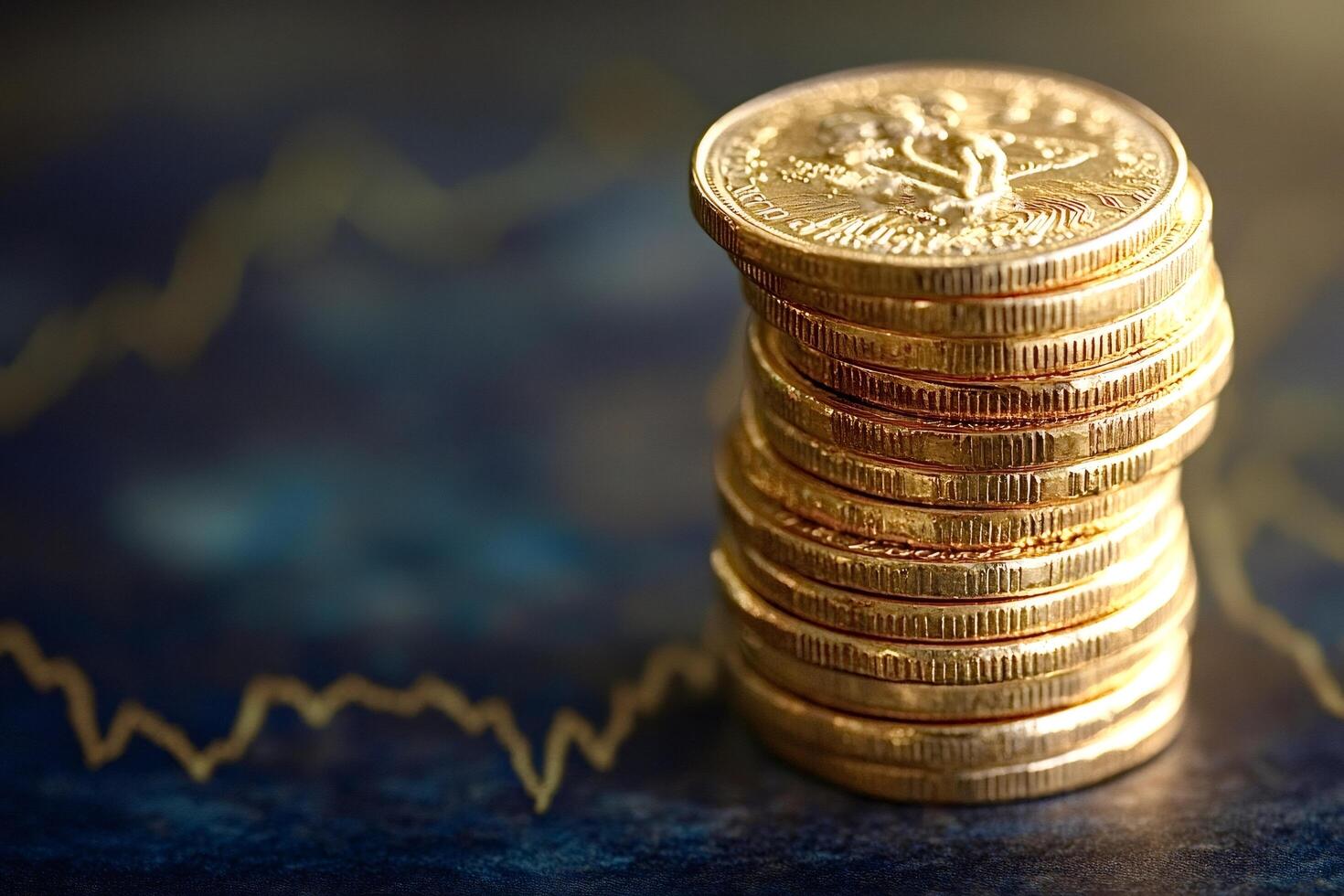 Stack of gold coins forming a cylinder on fluctuating financial chart photo