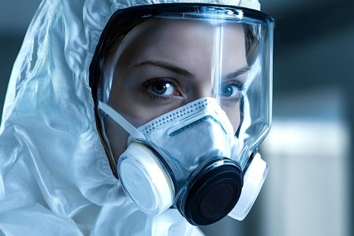 Healthcare professional wearing full protective gear in laboratory setting photo