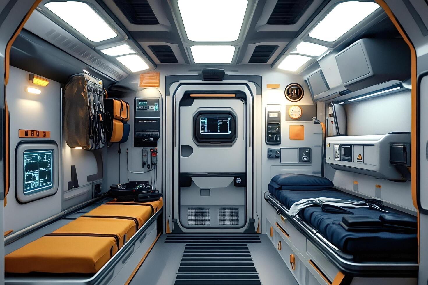 Futuristic medical bay interior showing two empty beds and equipment photo