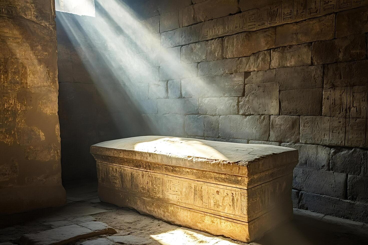 Sunbeams illuminating ancient egyptian sarcophagus in dark chamber photo