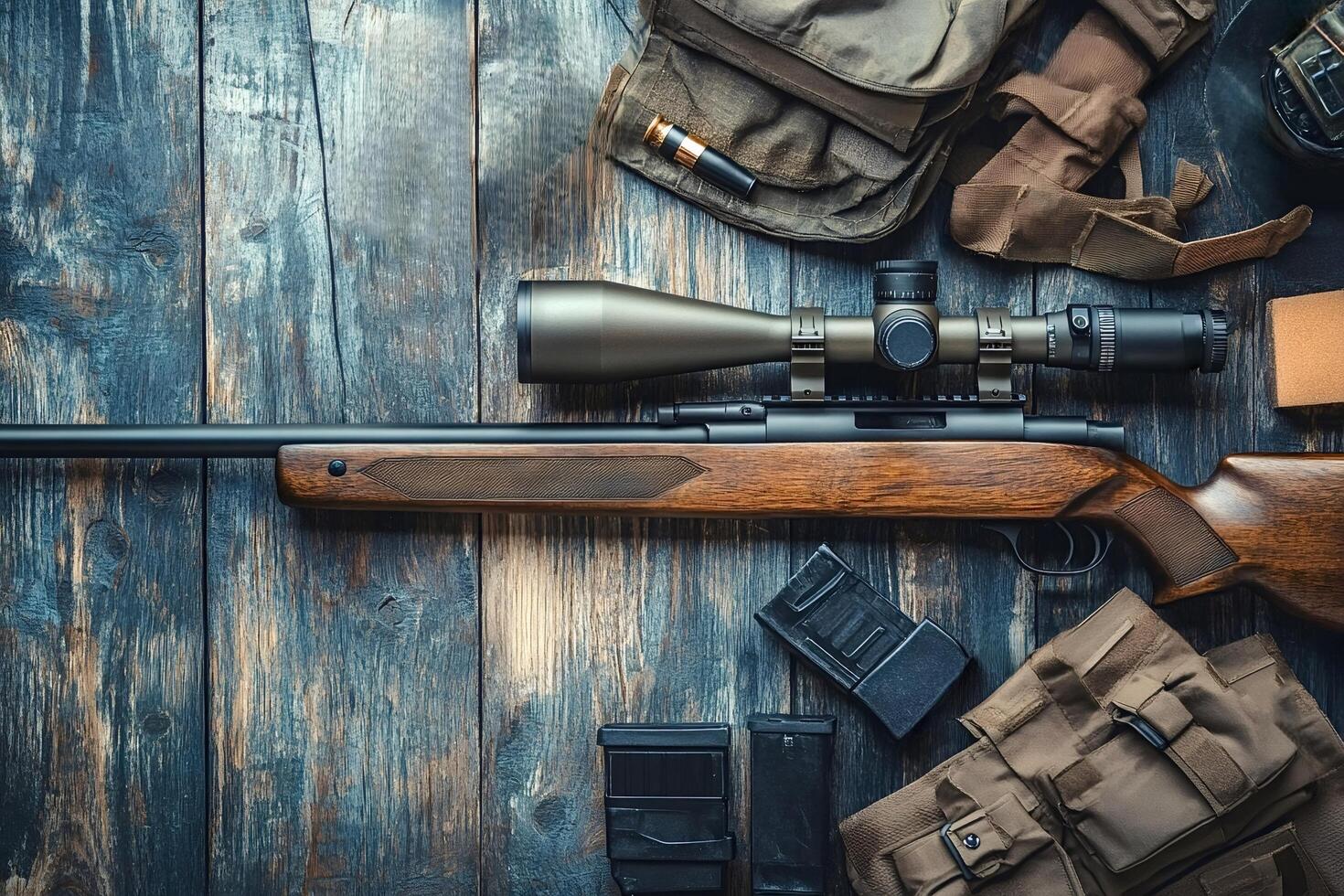 Hunting rifle with scope and ammunition on wooden table photo