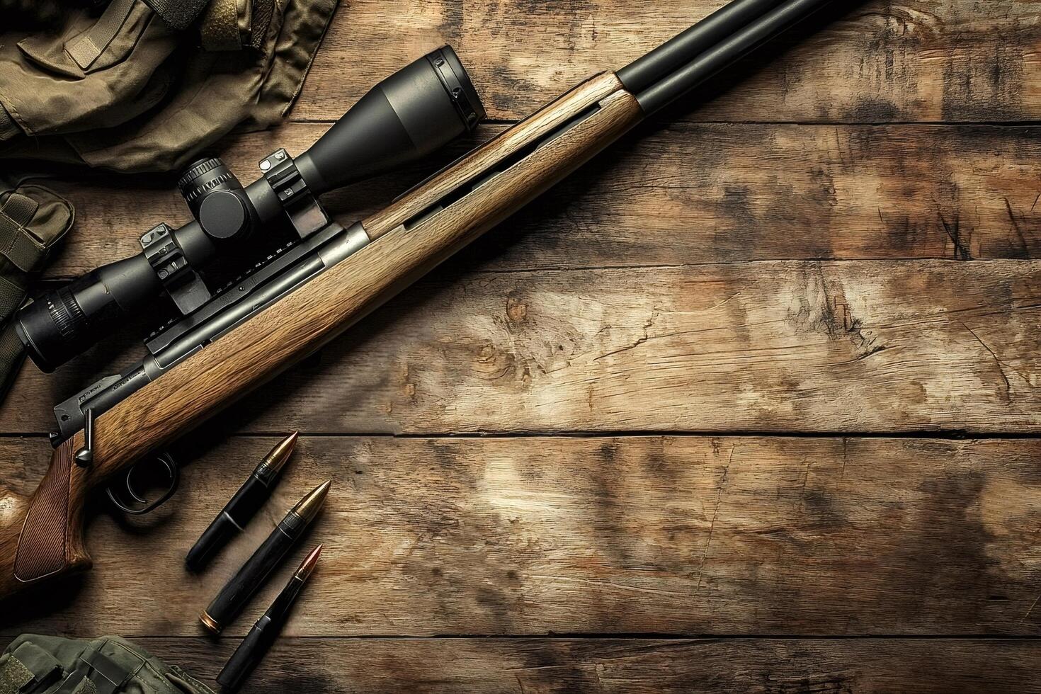 Hunting rifle with scope and bullets on wooden table photo