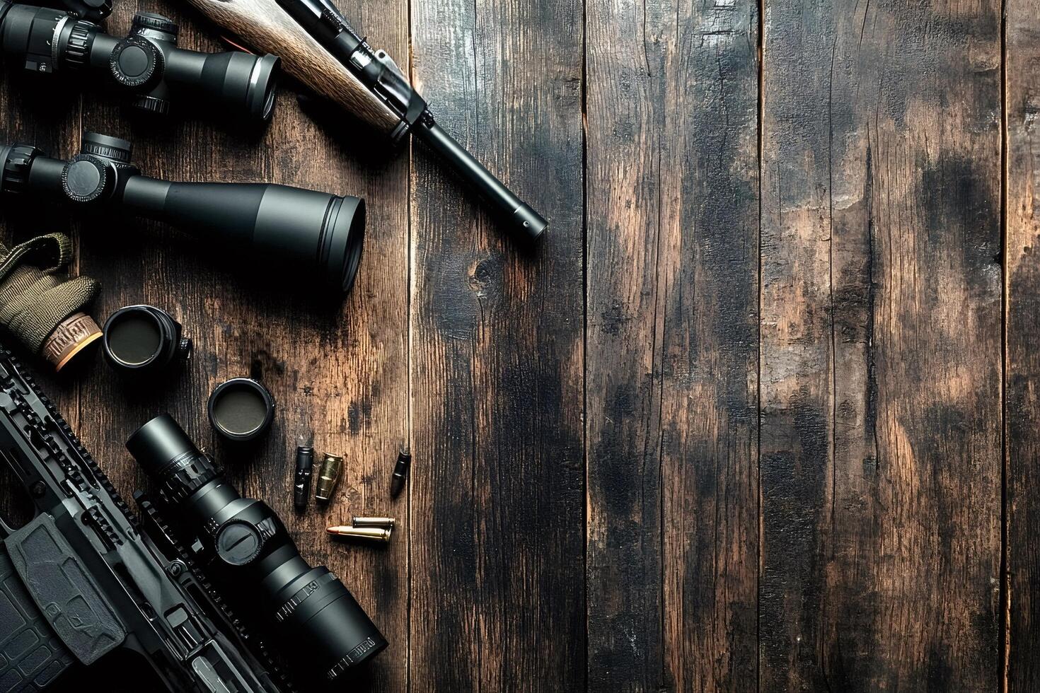 Hunting rifles and scopes on rustic wooden table photo