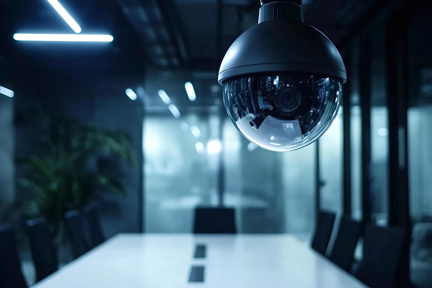 Security camera monitoring empty conference room in office building photo