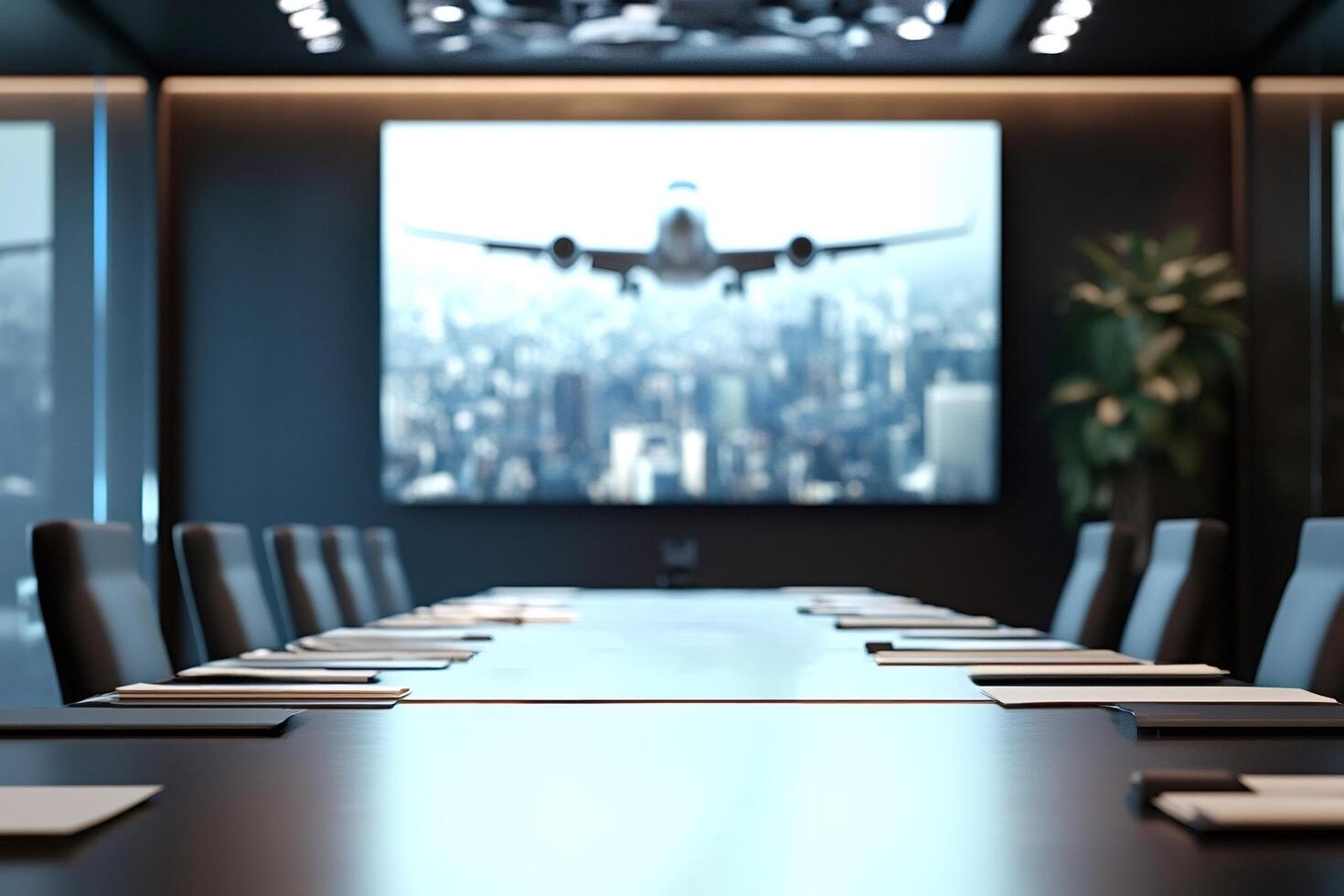Modern conference room showing airplane landing on screen photo