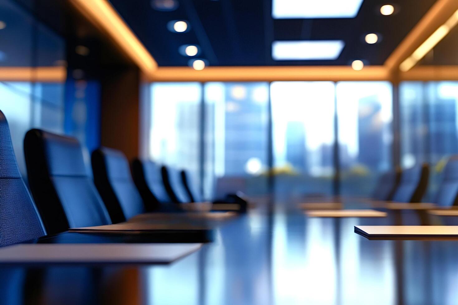 Empty boardroom ready for corporate meeting in modern office with city view photo