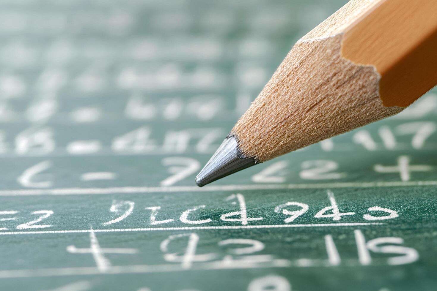Pencil pointing at numbers written on green chalkboard photo