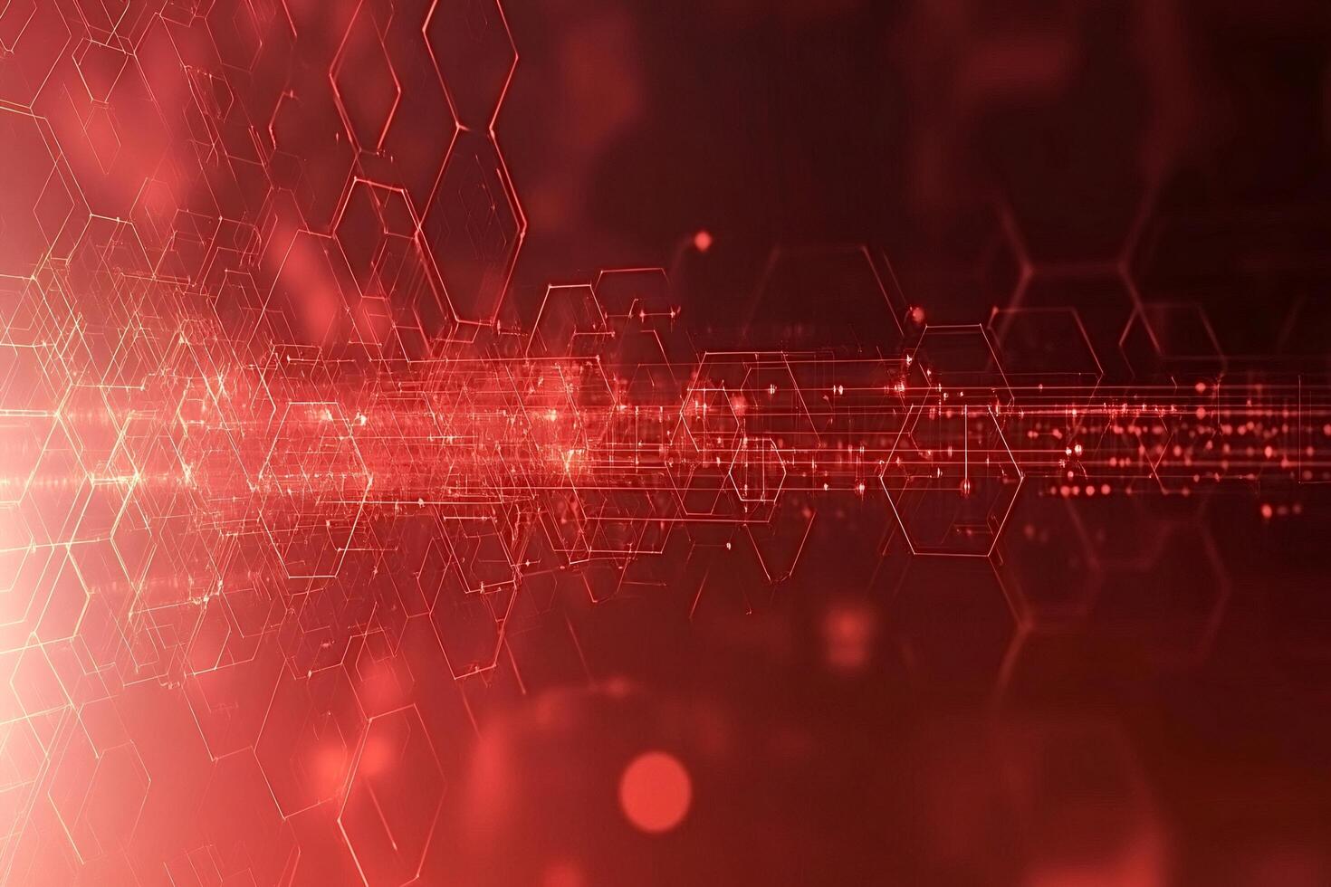 Red hexagonal network data stream flowing through cyberspace photo