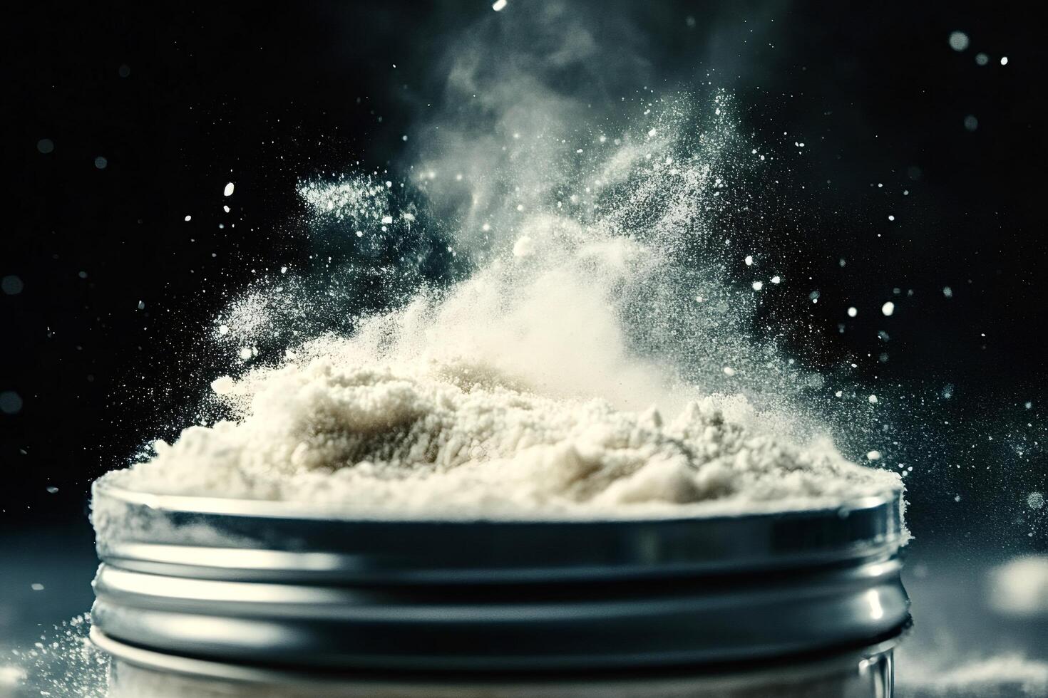 White powder exploding from a metal container on a dark background photo