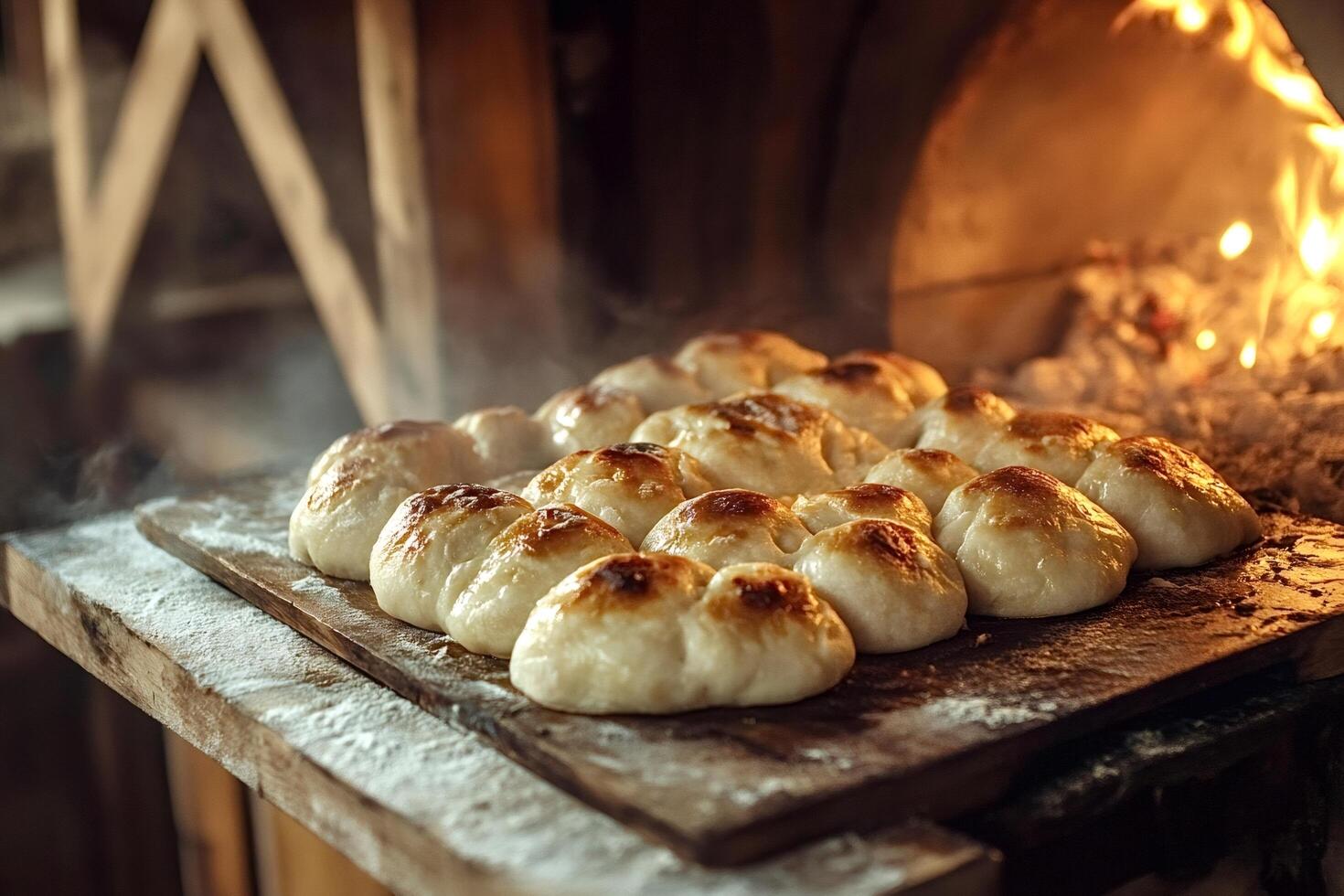 Freshly baked buns steaming on wooden peel in front of a brick oven photo