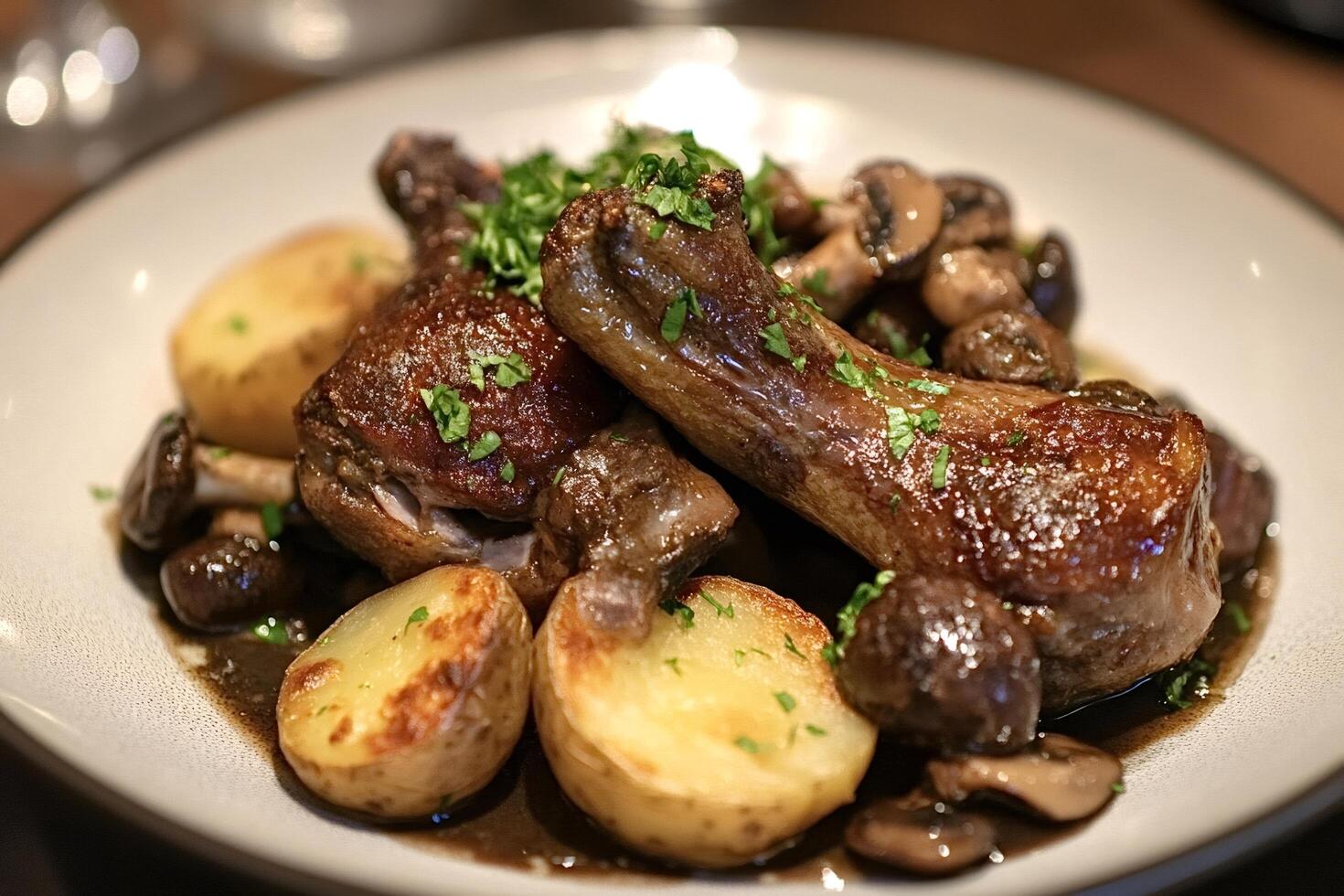 Roasted duck legs with potatoes and mushrooms garnished with parsley photo