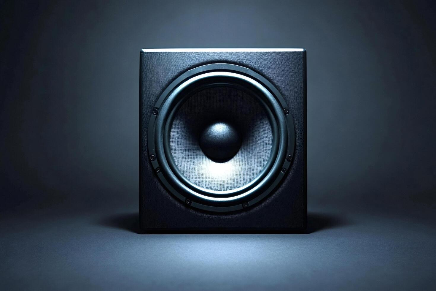 Powerful subwoofer reproducing low-end frequencies in a dark studio photo