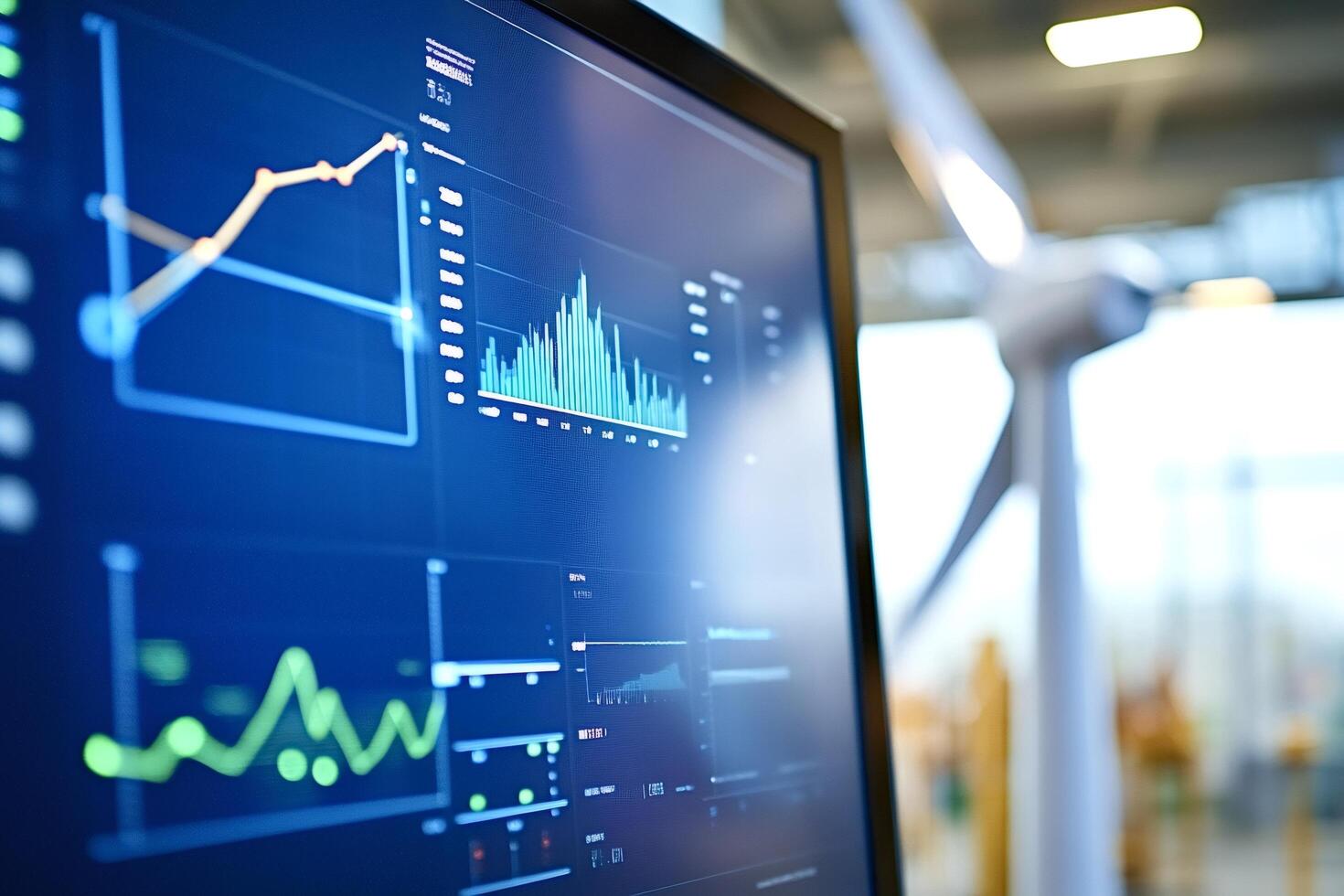 Computer screen showing charts and graphs of a wind turbine performance photo