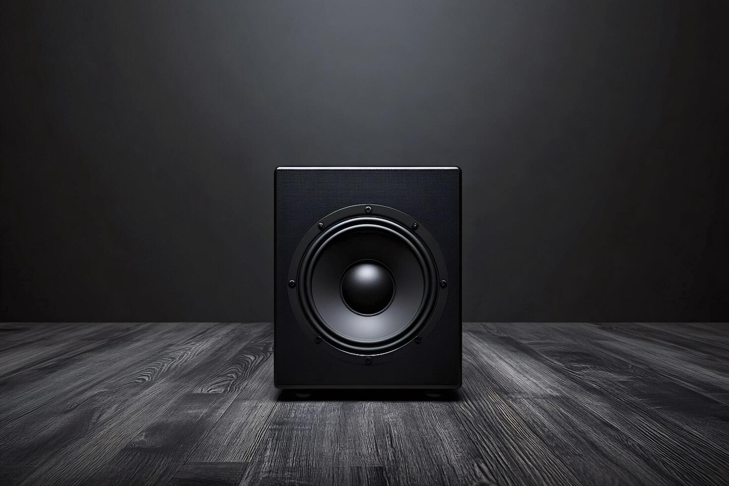Black subwoofer speaker reproducing low-frequency audio on wooden floor photo