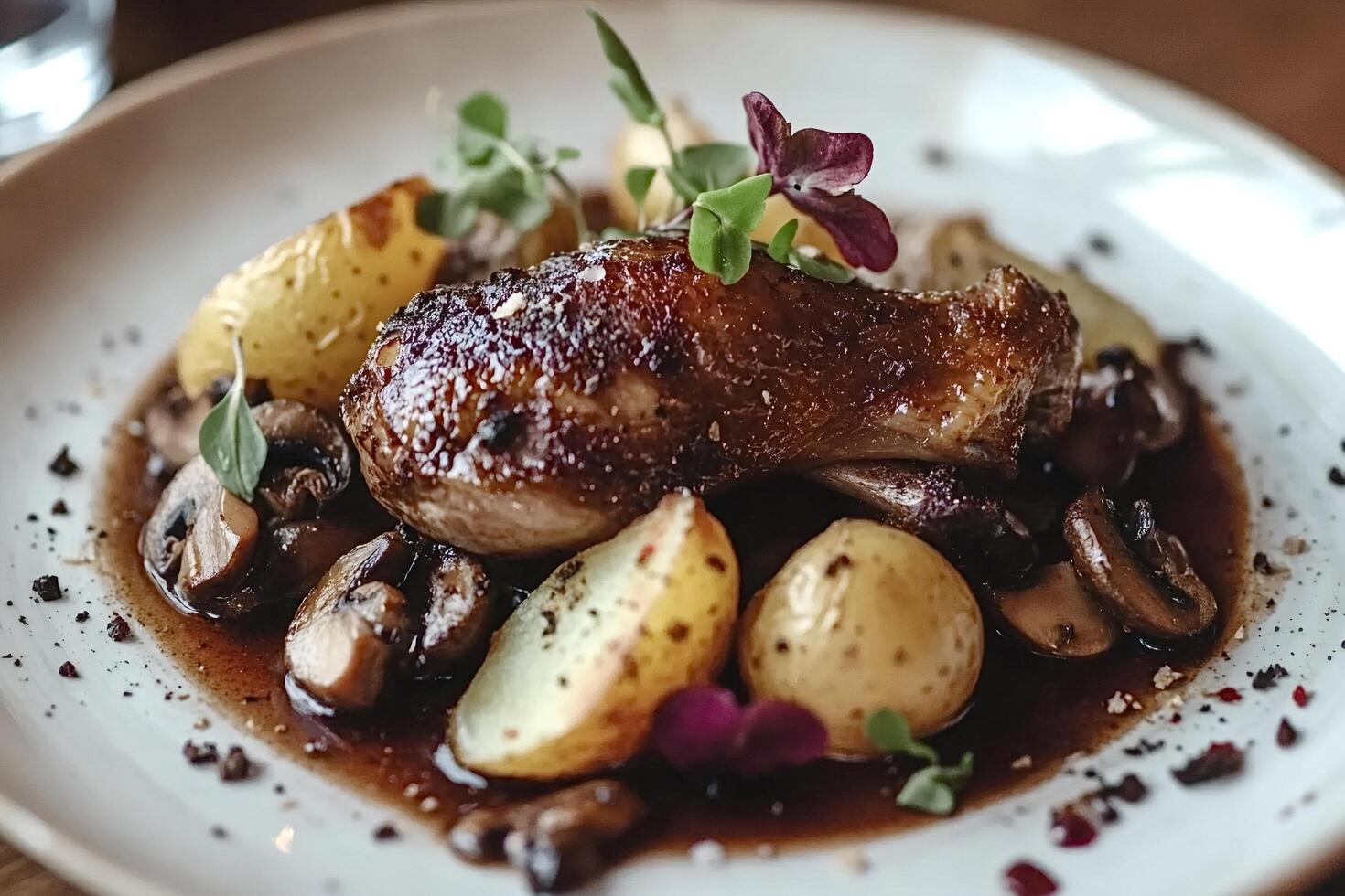 Roasted duck leg confit with potatoes and mushrooms on elegant plate photo