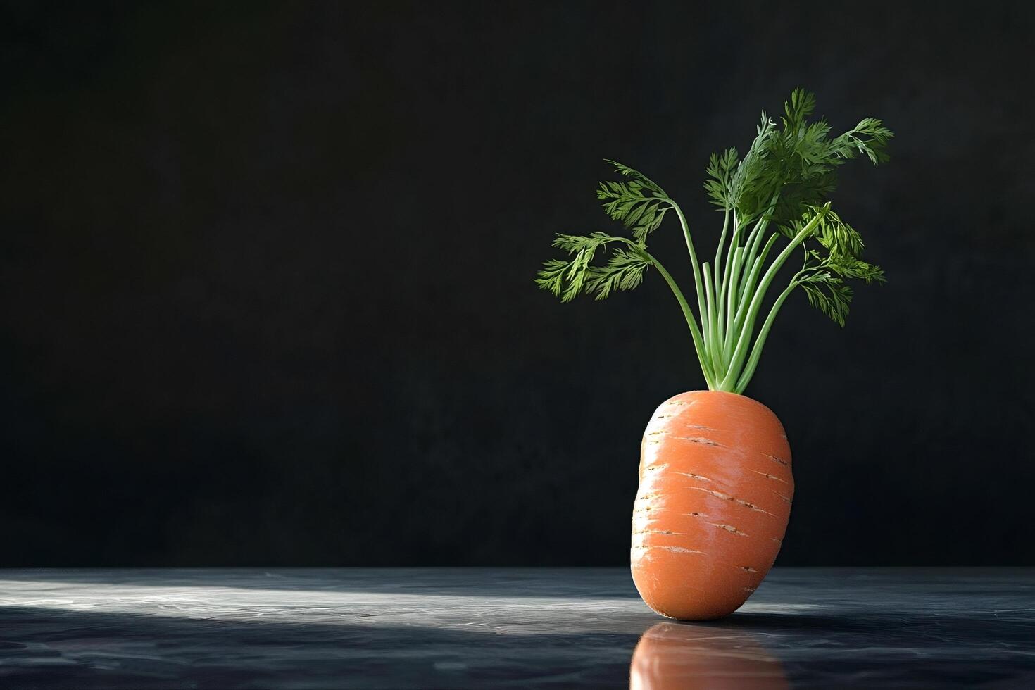 Fresh carrot standing on dark surface with green leaves photo
