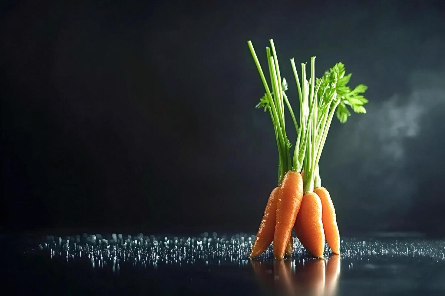 Fresh carrots standing on wet dark surface with green leaves photo