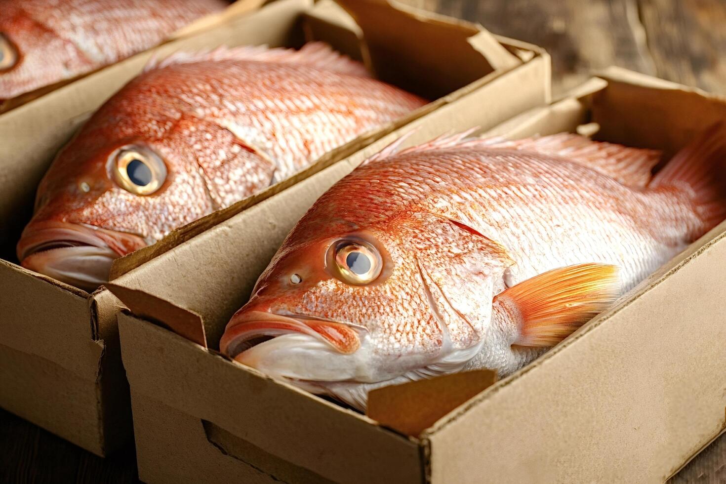 Fresh red snappers packed in cardboard boxes for delivery photo