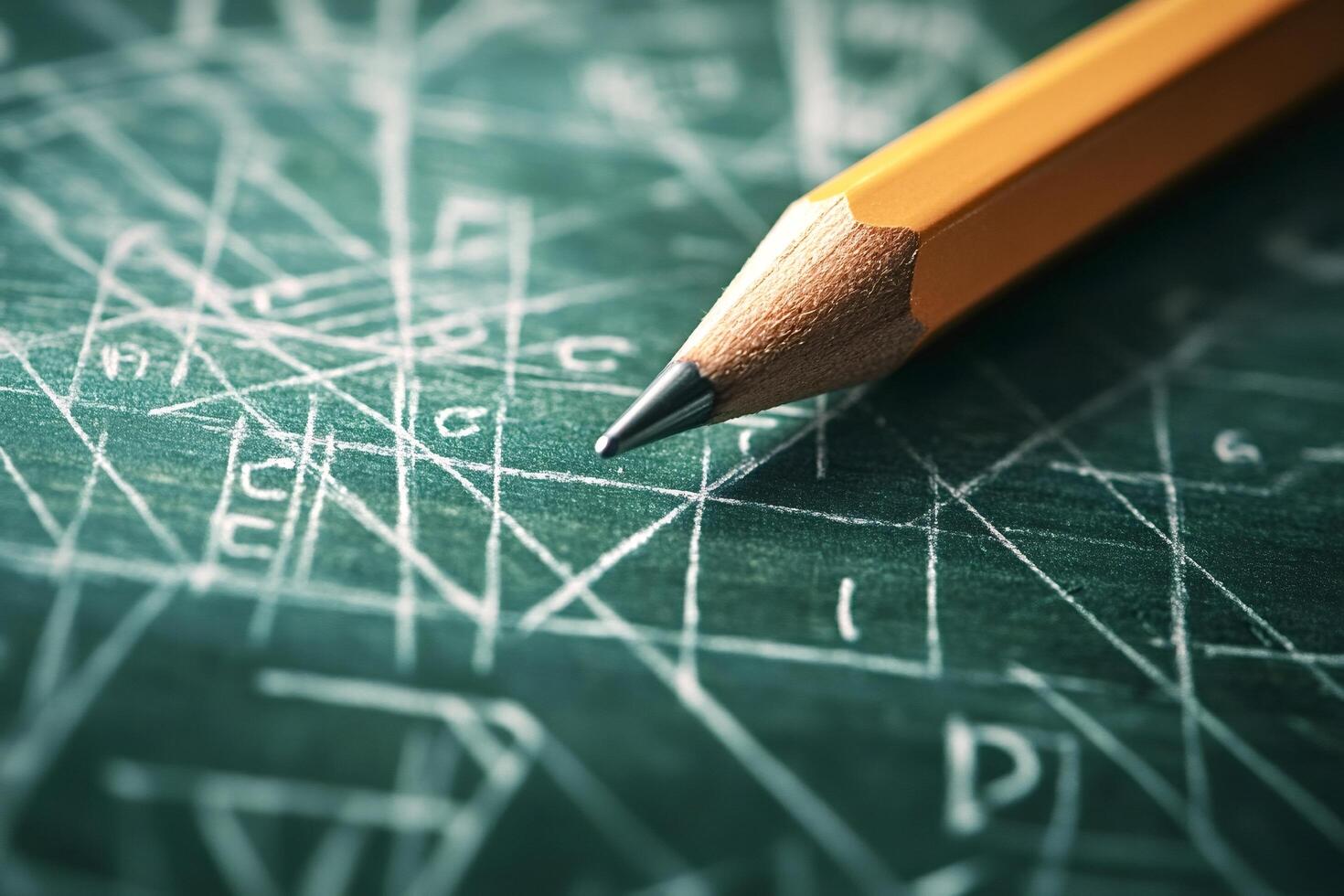 Pencil pointing at solution of complex algorithm drawn on chalkboard photo