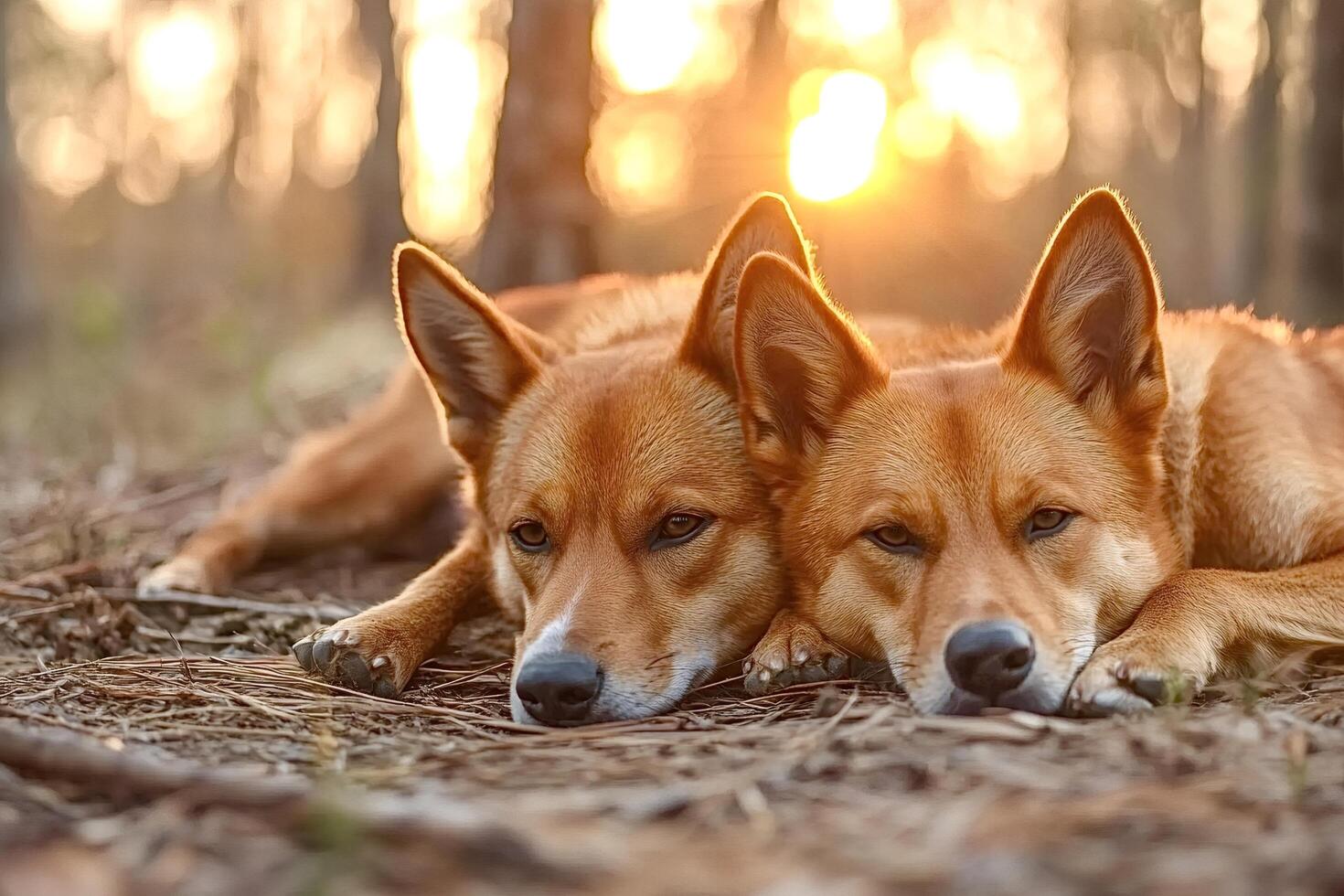 Two dogs resting together in golden sunlight at sunset in forest photo
