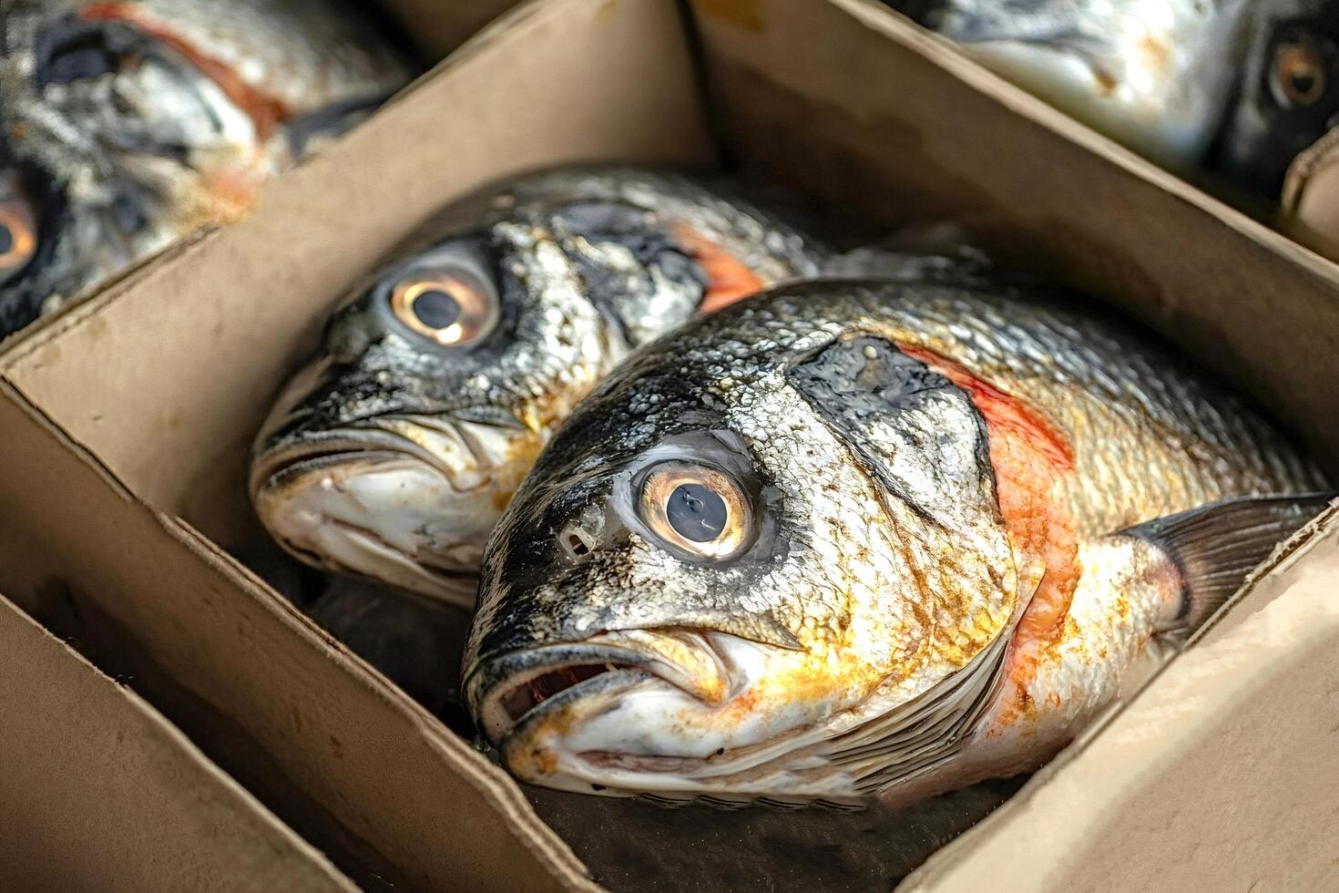 Fresh dorado fish displayed on ice in cardboard boxes at market photo