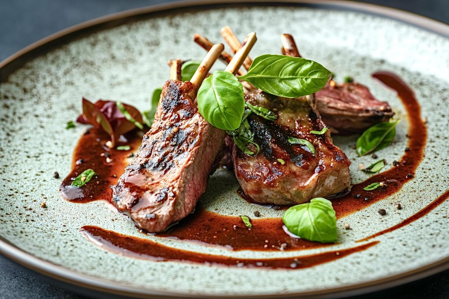 Grilled lamb chops with red wine sauce and fresh basil on elegant plate photo