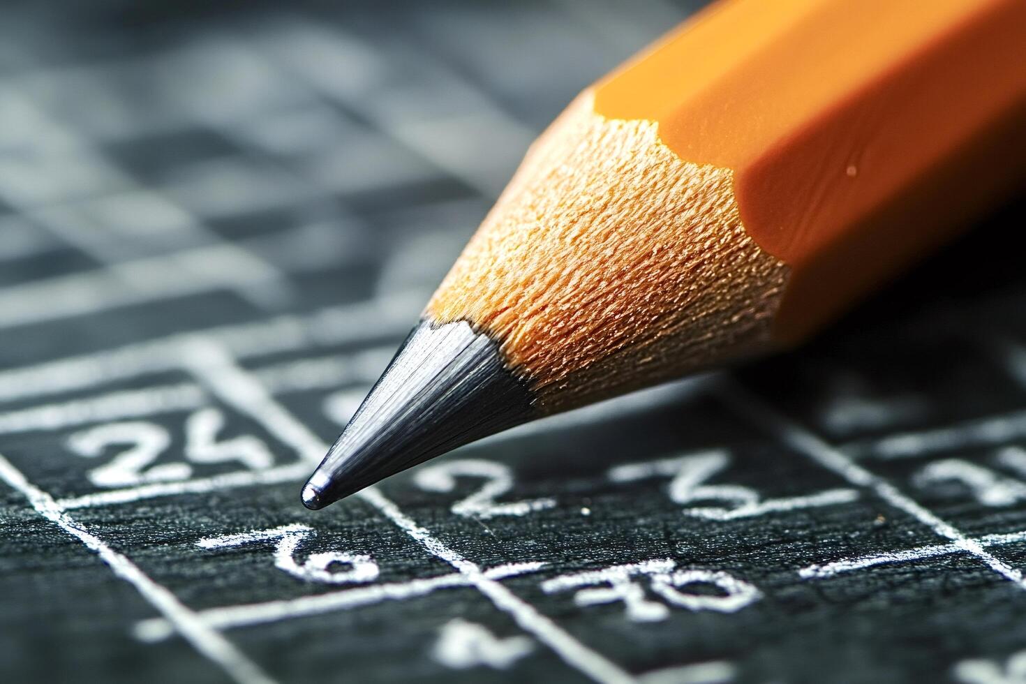 Orange pencil pointing at numbers on dark wooden surface photo