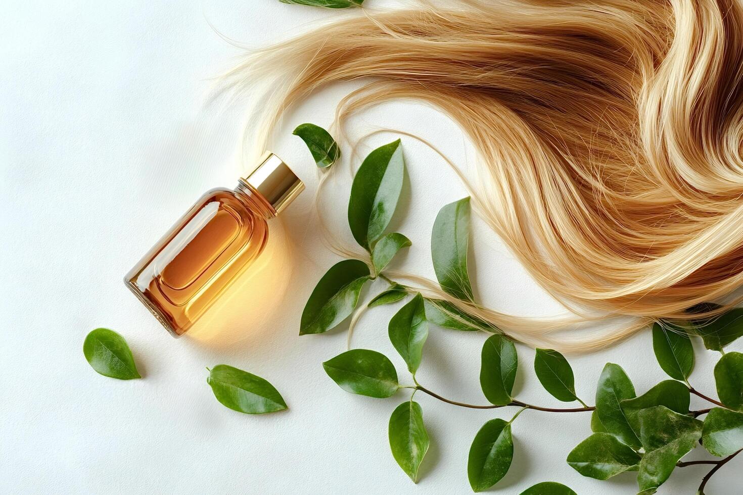 Essential oil nourishing blonde hair with green leaves photo