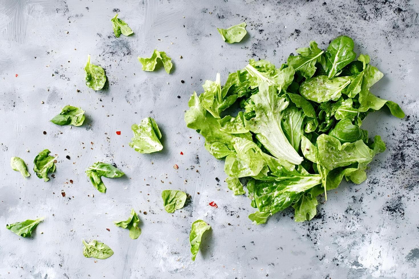 Fresh green salad leaves with spices on gray background photo