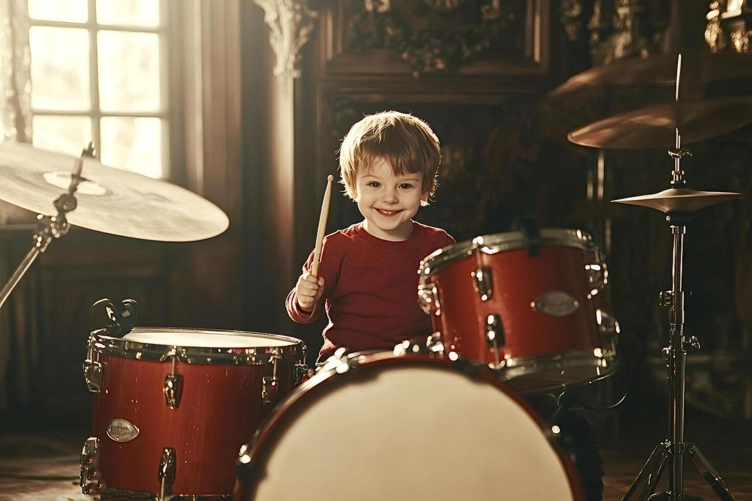 Little drummer boy playing red drum kit in ornate room photo