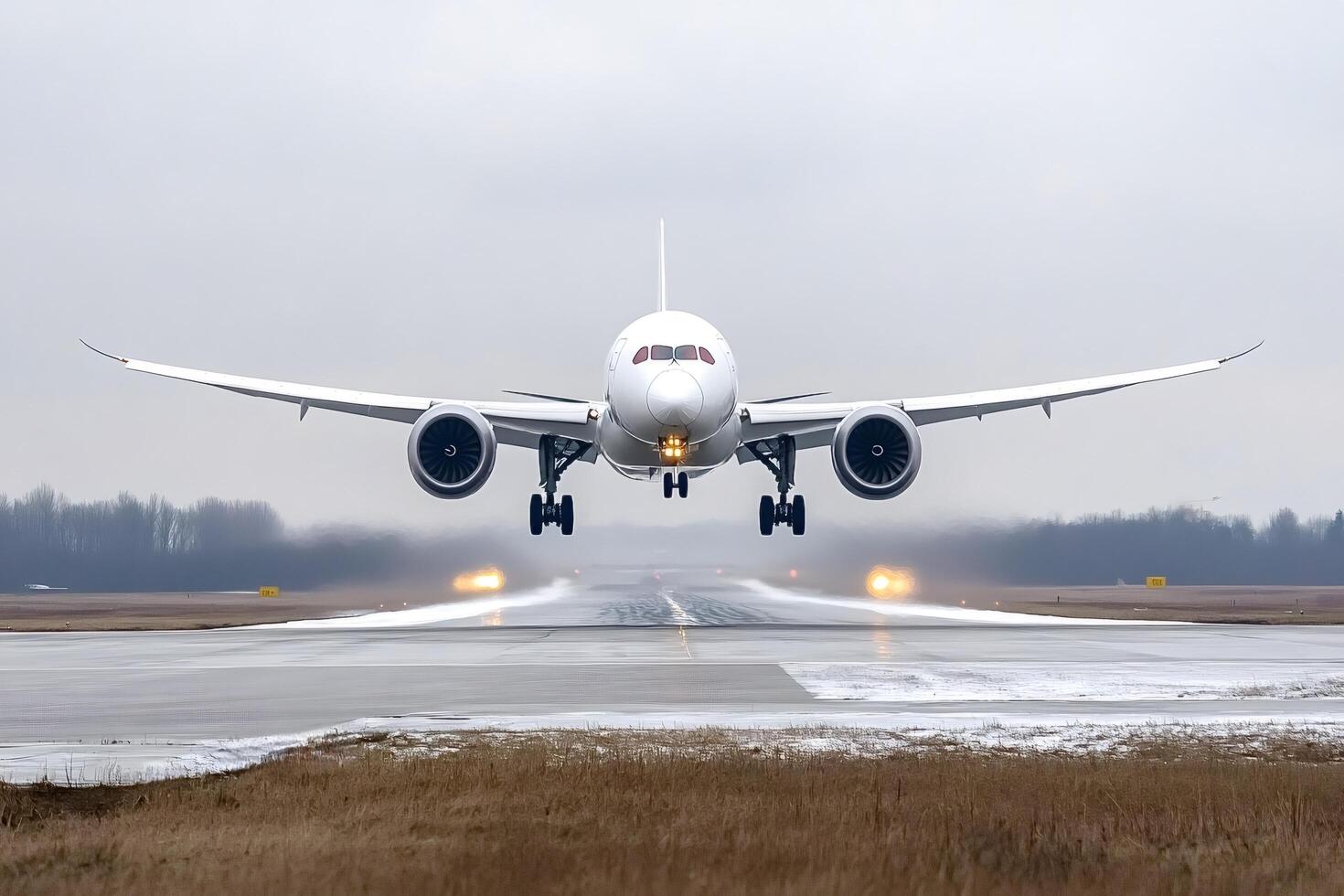 Modern passenger airplane landing on airstrip in winter photo