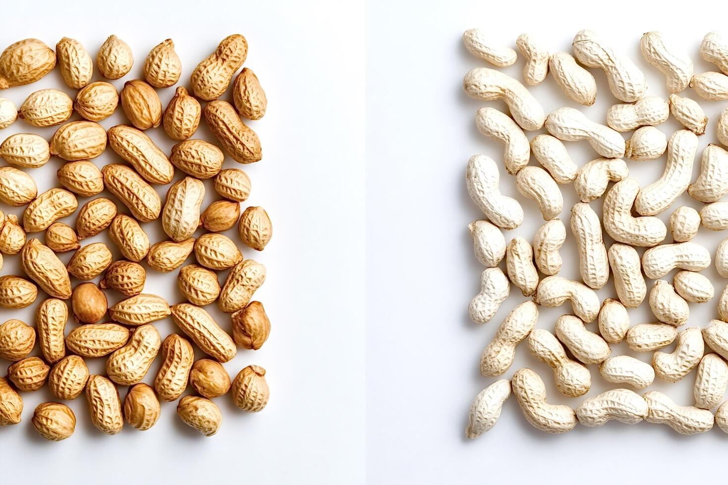 Roasted and blanched peanuts forming two separate groups on white background photo