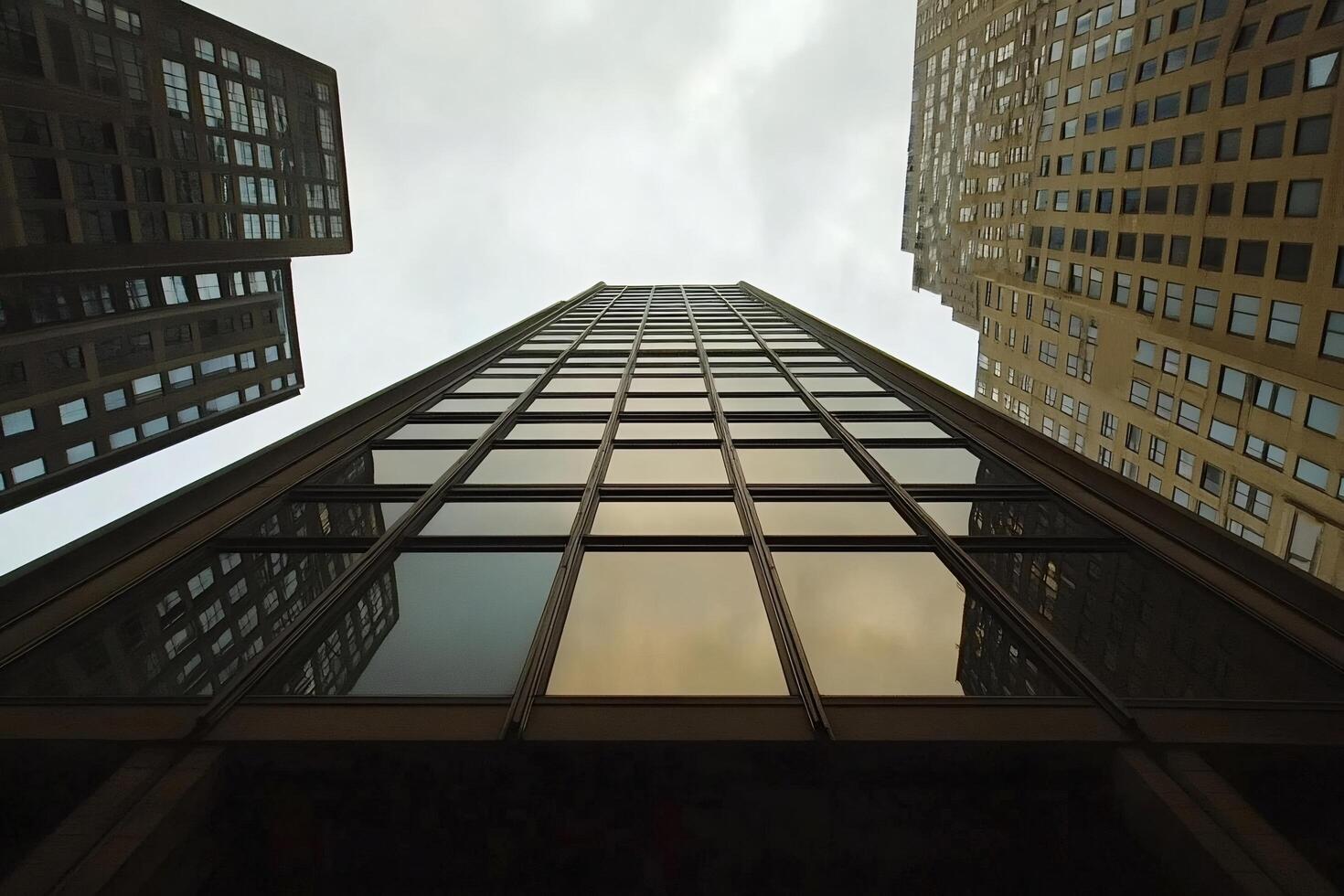 Modern skyscraper reflecting cityscape on cloudy day photo