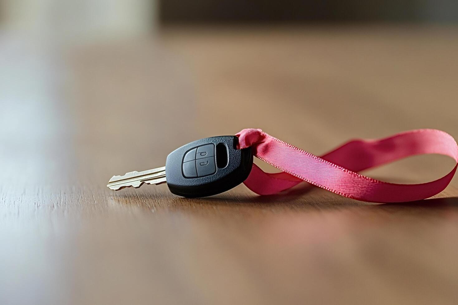Car key with pink ribbon resting on wooden table photo