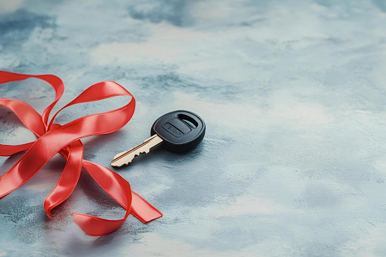 Car key with red bow on a gray background symbolizing a gift photo