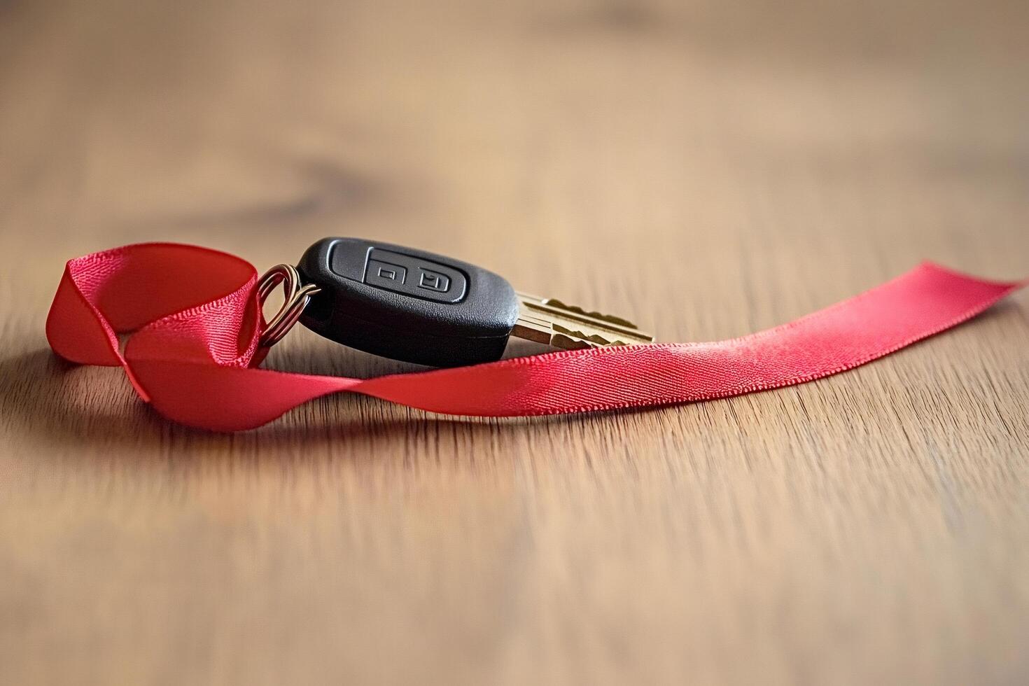 Car key with red ribbon on wooden table symbolizing gift photo