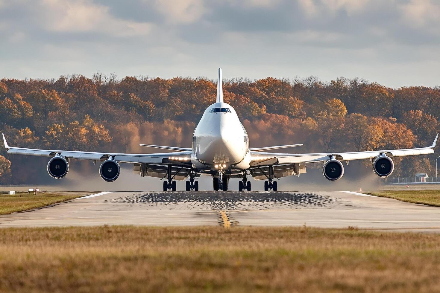 Jumbo jet airplane taxiing on runway at airport photo