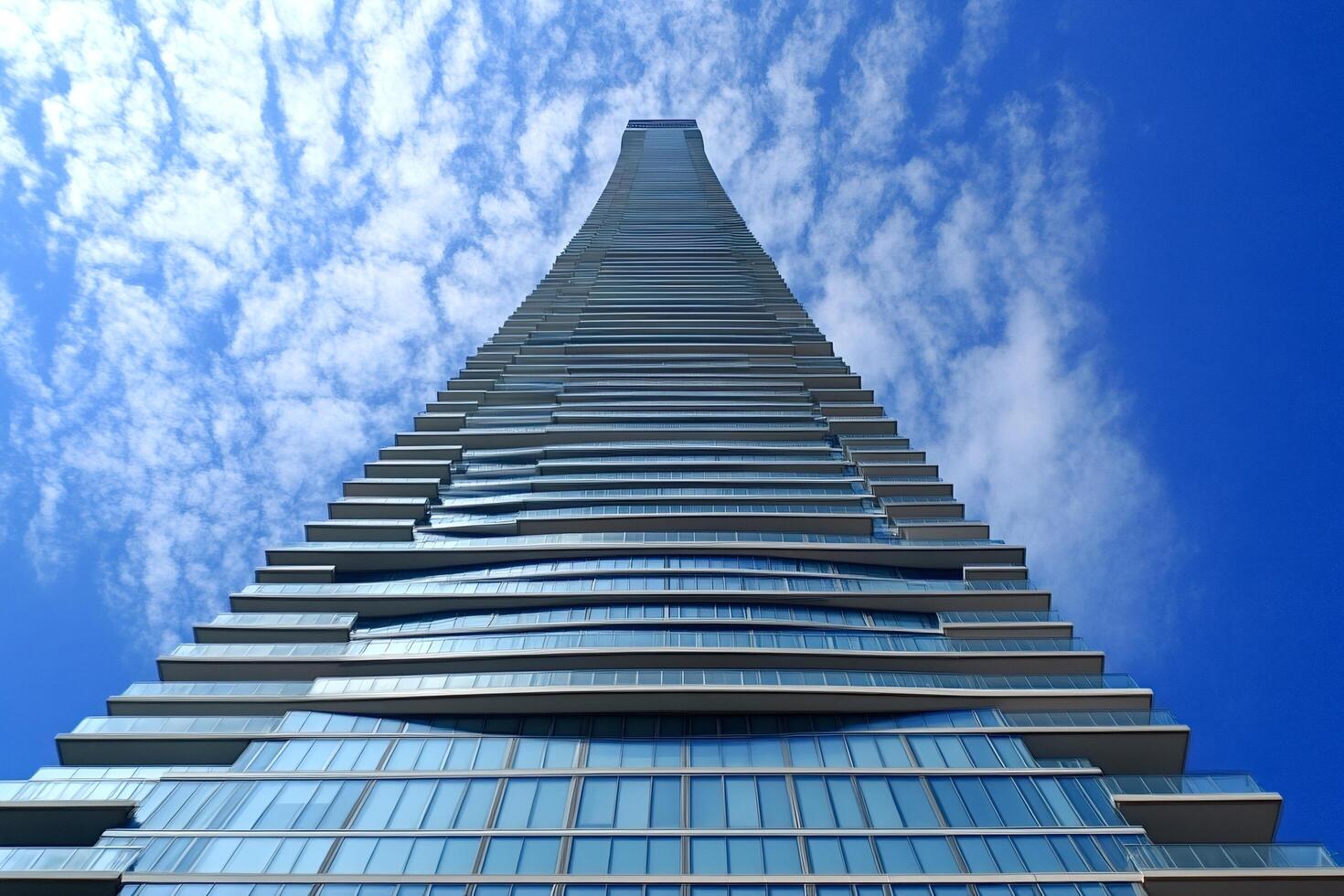 Modern skyscraper towering into the blue sky with clouds in mississauga, ontario photo