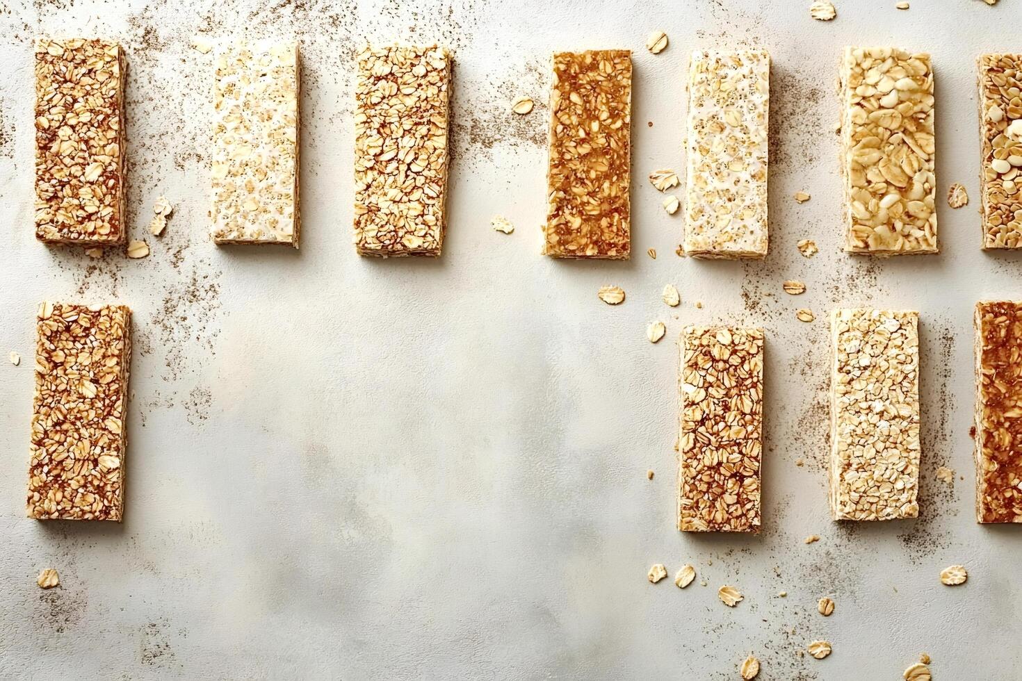 Various energy bars with oats, nuts and seeds on grey background photo