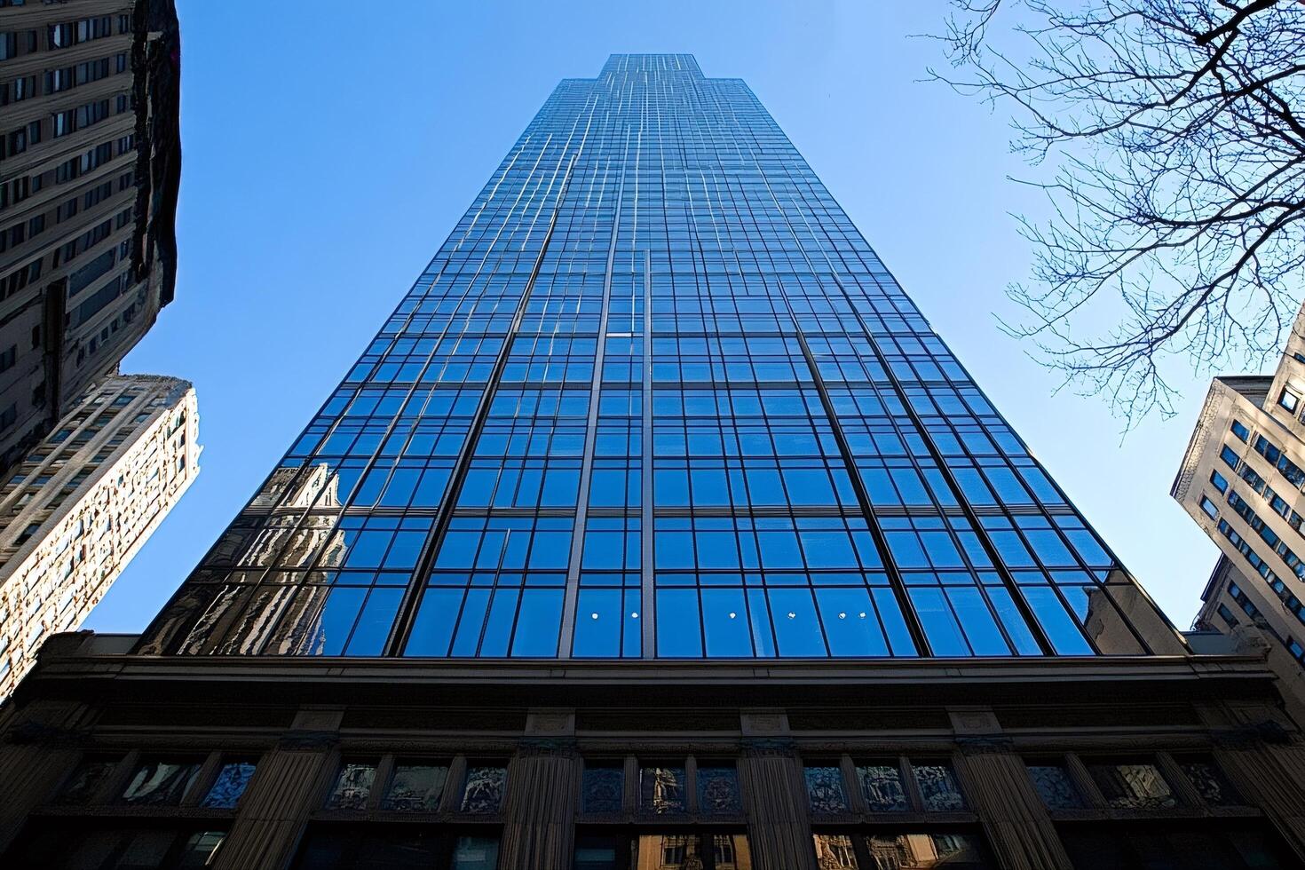 Modern skyscraper reflecting city skyline on a clear day photo