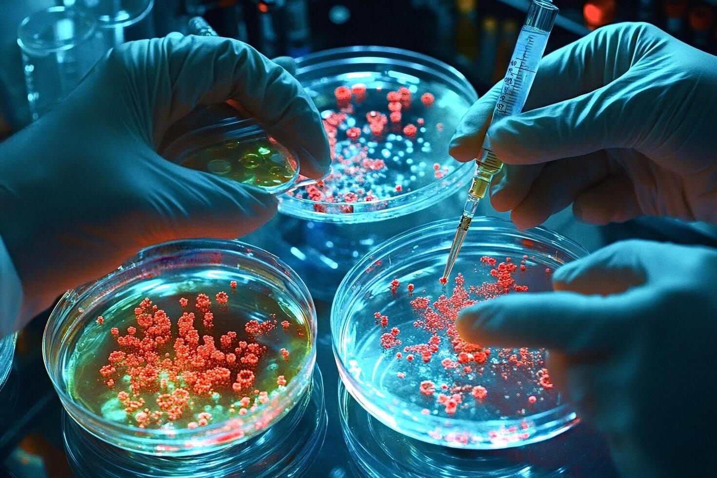 Scientists analyzing petri dishes with bacteria colonies growing in laboratory photo