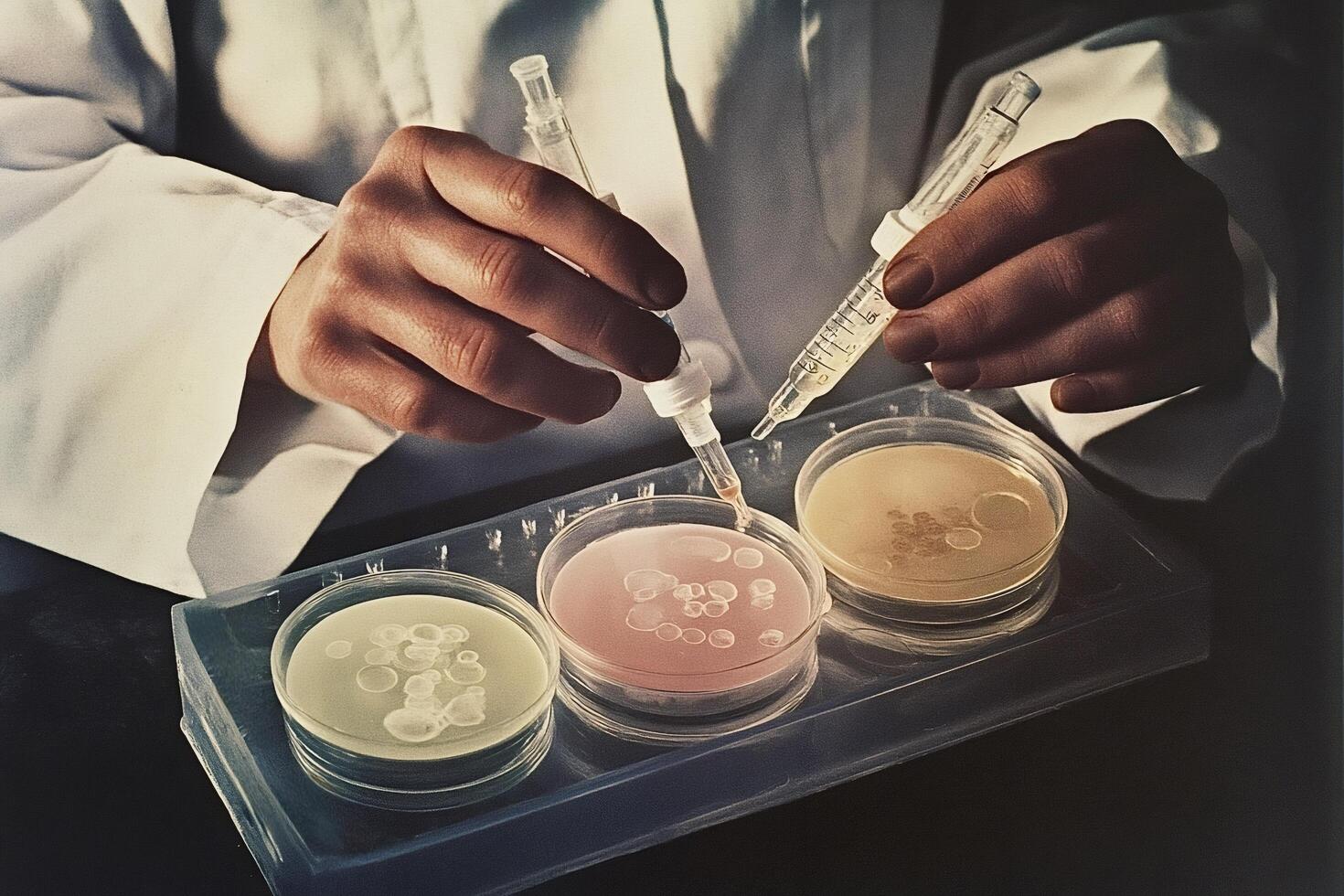 Scientist inoculating petri dishes with pipette in laboratory photo