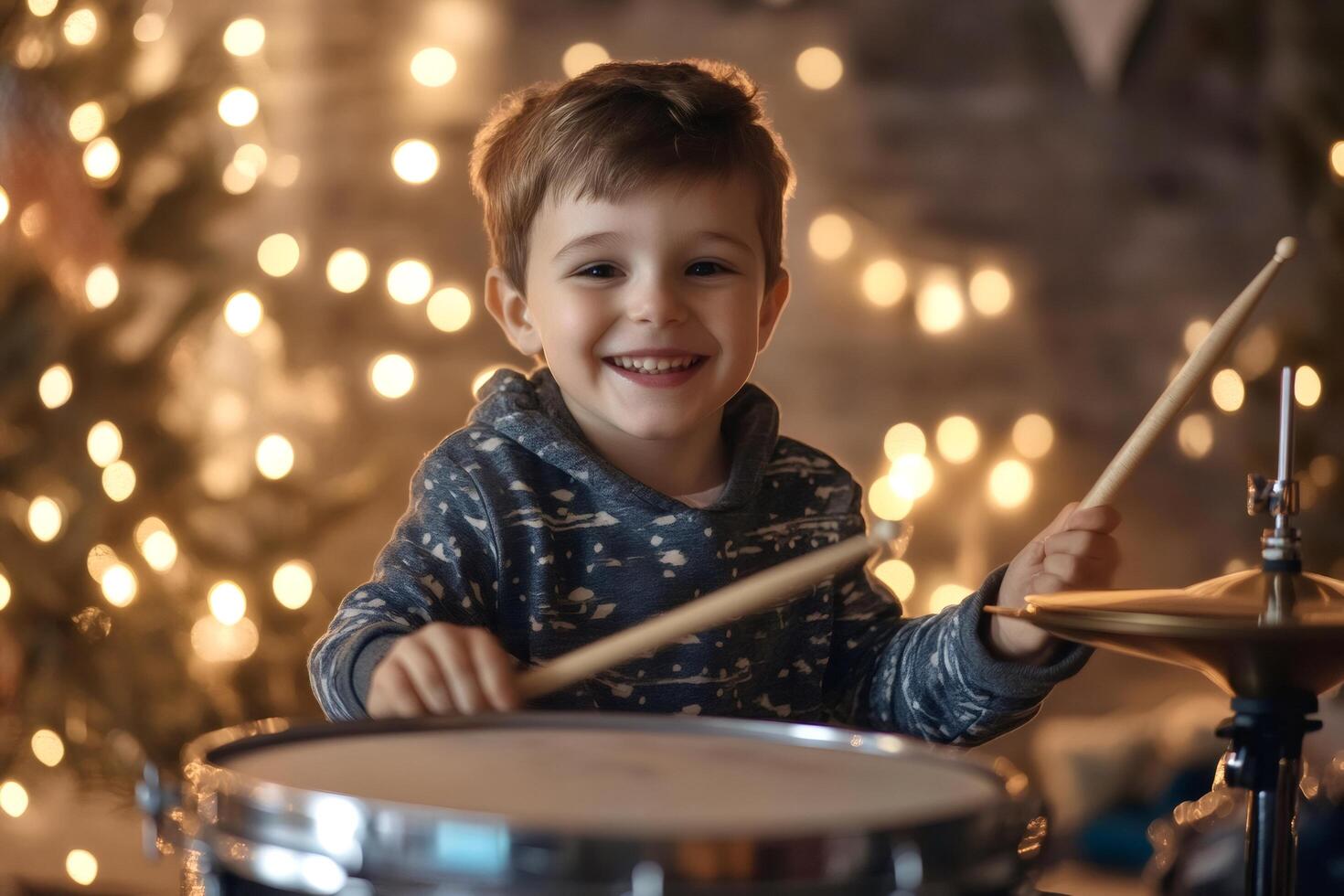 Little drummer boy playing drums on christmas eve by the christmas tree photo