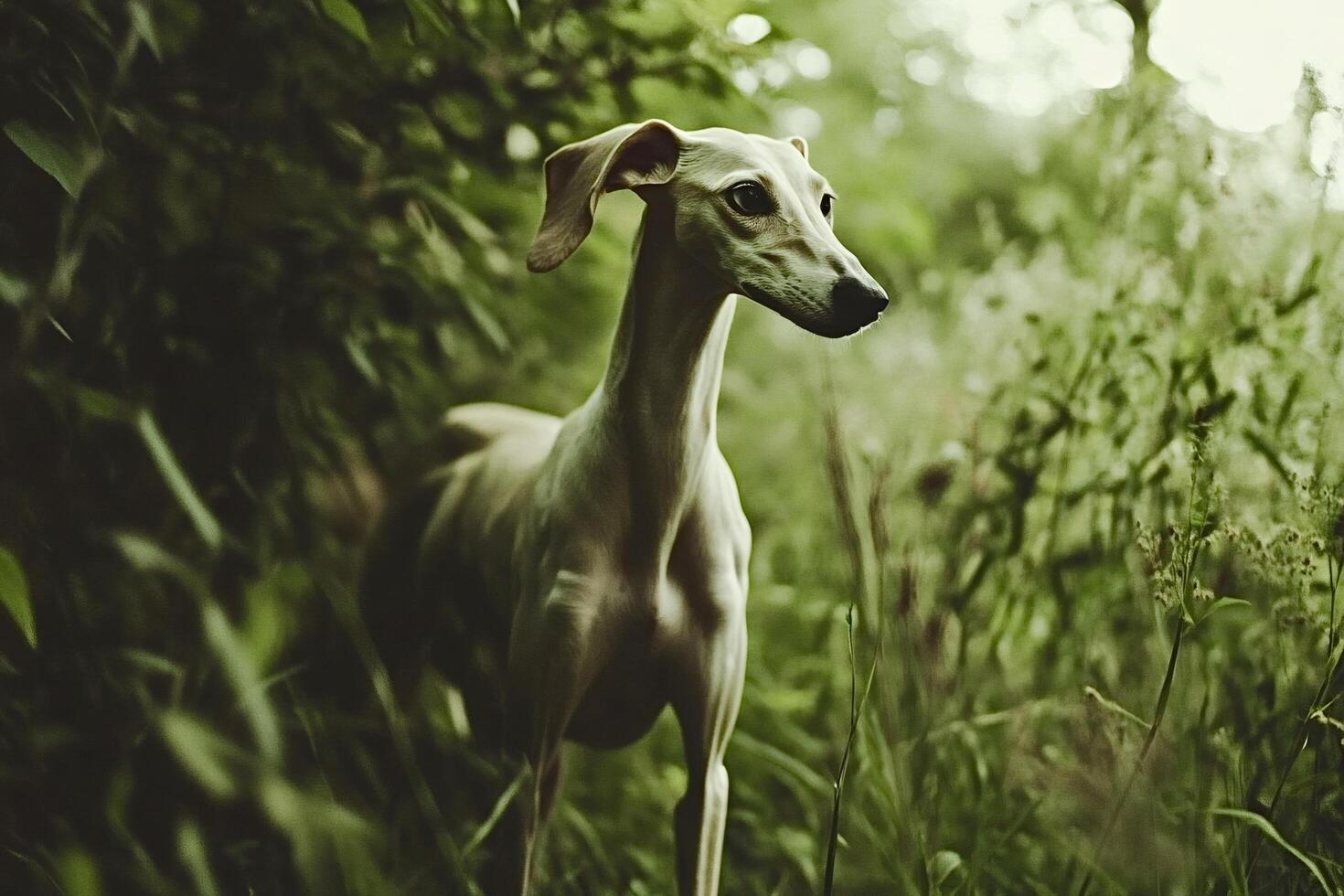 Italian greyhound exploring lush green vegetation in nature photo