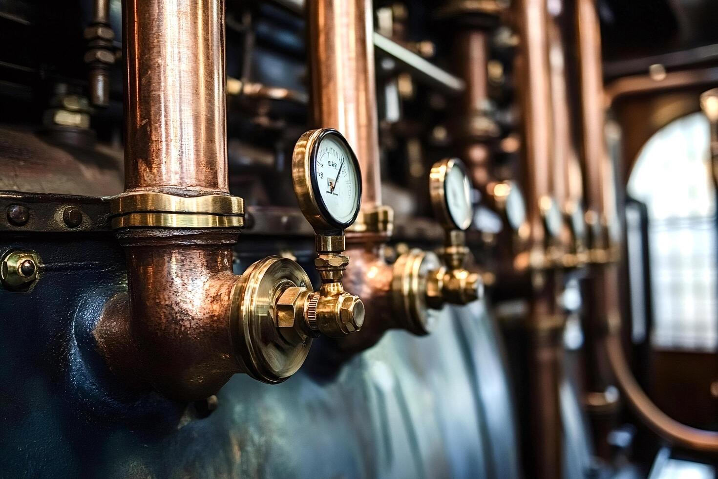 Copper pipes, brass valves and pressure gauges showing industrial machinery photo